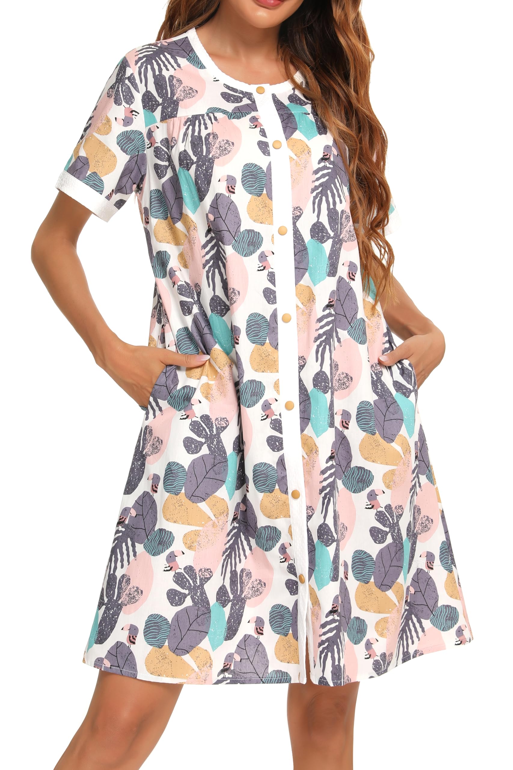 YOZLY Women's Short Sleeve House Dress - Comfortable Cotton Duster Robe with Pockets | Perfect for Lounging, Morning Coffee & Relaxing at Home