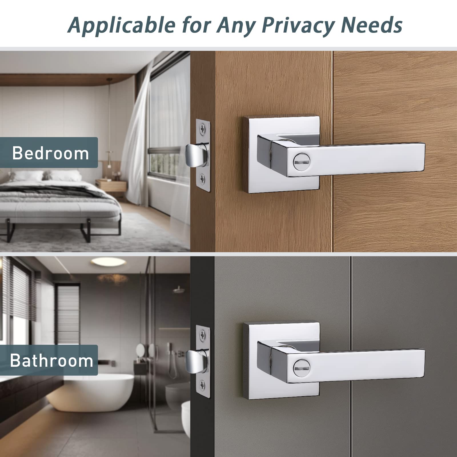 6 Pack Heavy Duty Chrome Interior Door Handles with Lock - Keyless Privacy Door Lever Handleset for Bedroom, Bathroom & Office | Secure Turn Lock Inside for Home & Commercial Use