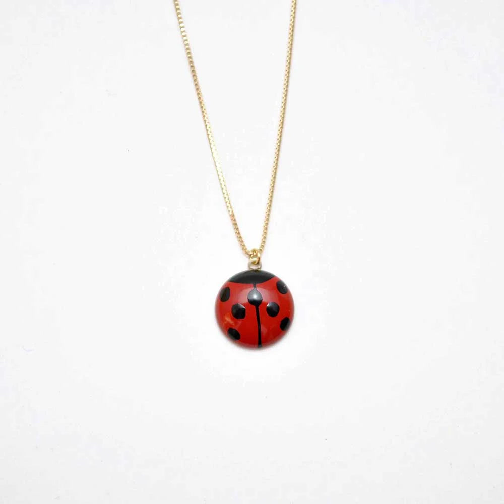 Handcrafted Japanese Maki-e Urushi Lacquer Pendant Necklace with White South Sea Pearl Shell & Ladybug Design - Traditional Red Lacquer Jewelry for Women, Perfect for Weddings, Parties & Special Occasions