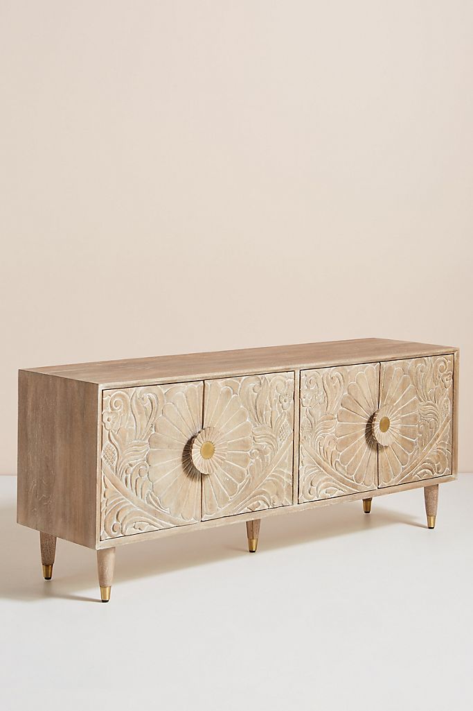 Hand Carved Gulliver Media Console - Solid Wood TV Stand in Indigo Blue | Traditional Indian Furniture for Living Room & Home Theater Setup