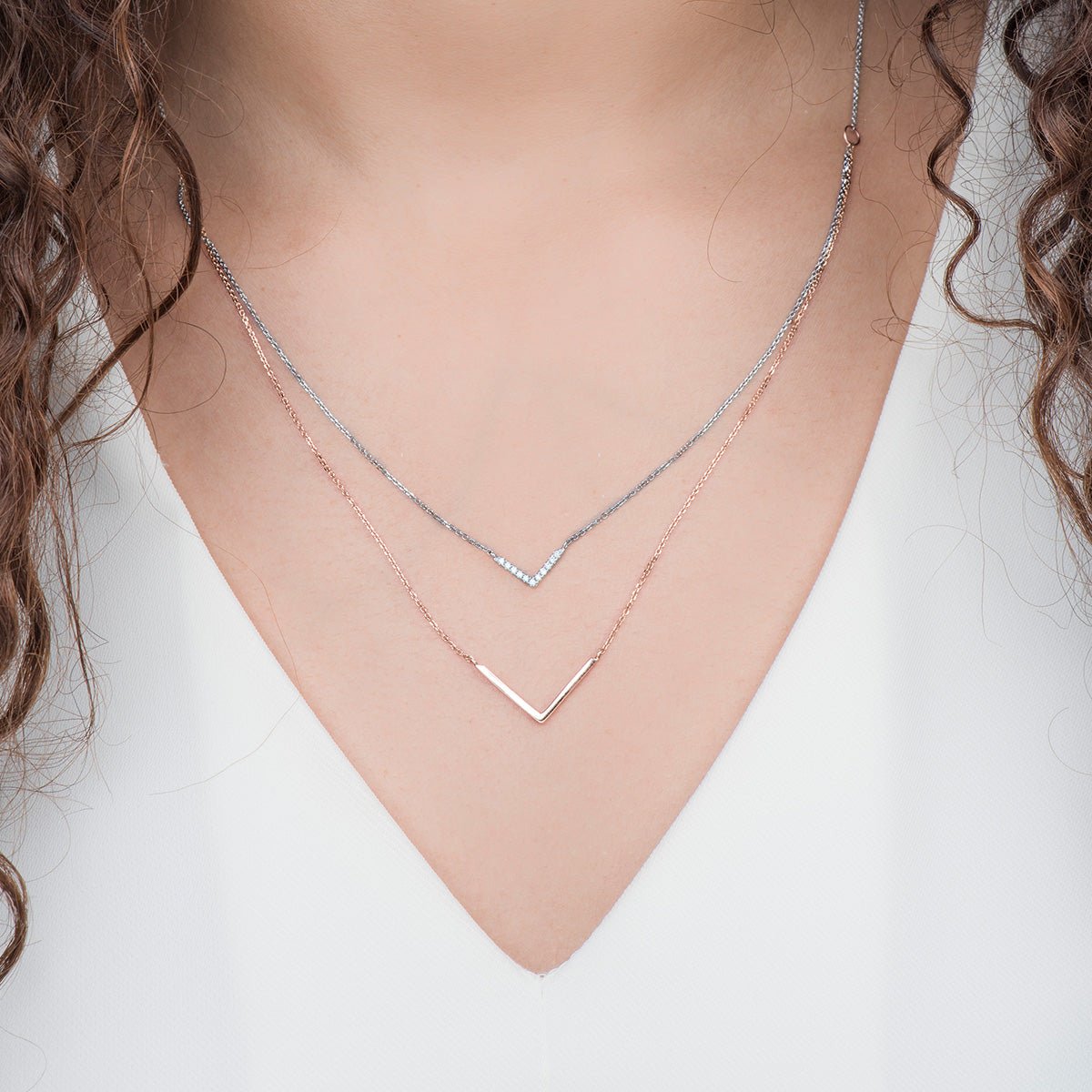 14k White Gold and Rose Gold Diamond Double Chevron Necklace - Elegant Two-Tone Jewelry for Women, Perfect for Weddings, Anniversaries & Special Occasions