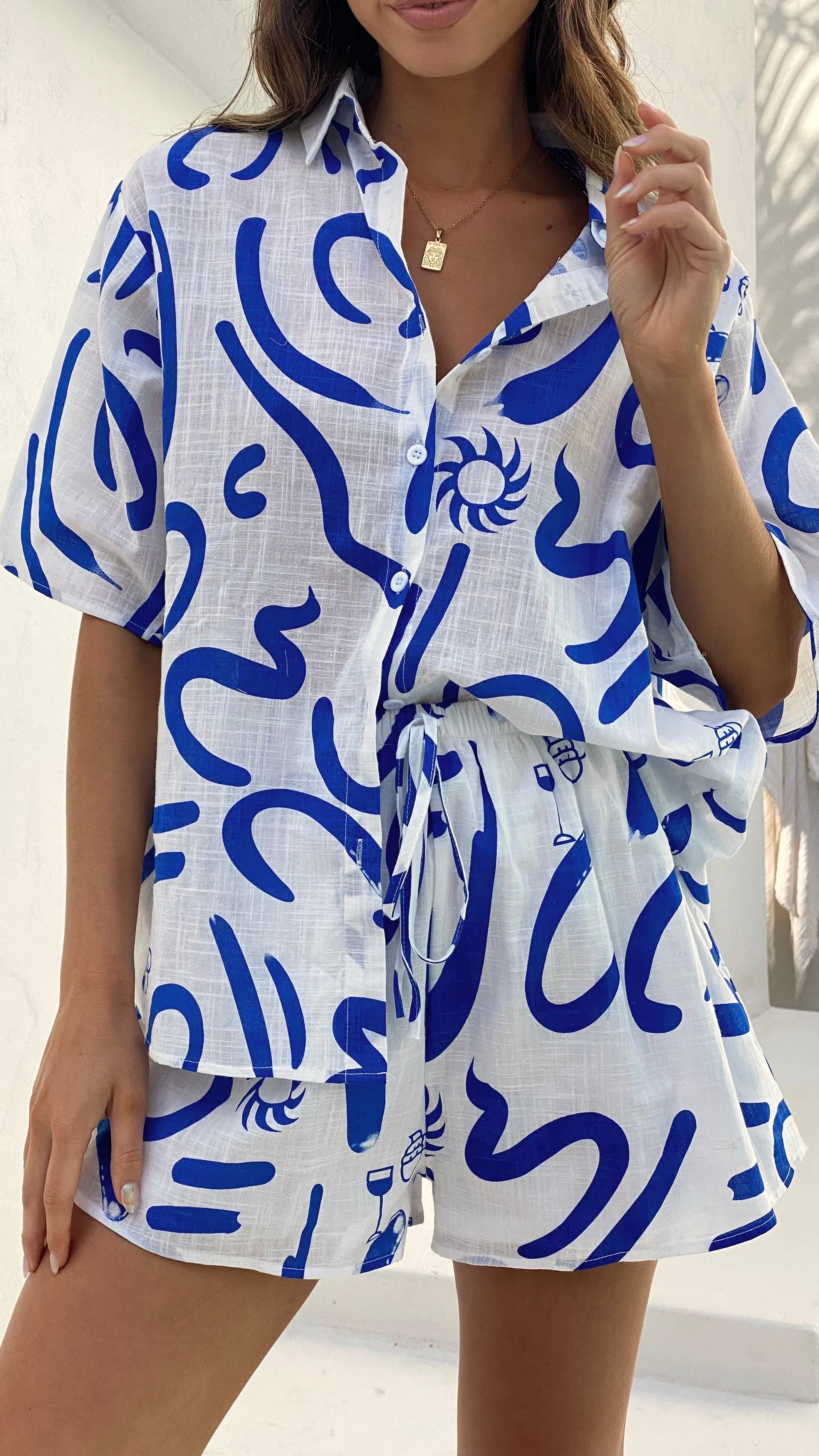Charli Button Up Shirt and Shorts Set for Women - White & Blue Swirl Print Summer Outfit - Casual Beachwear, Vacation Style, Matching Outfits for Ladies
