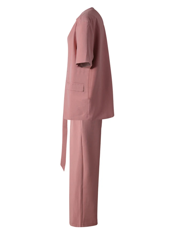Women's Big Size Green Blazer & Wide Leg Pants Two-Piece Suit - V-Neck Short Sleeve Fashion Set for Spring Summer 2025 (CPG3079) | Office Wear, Business Casual, Wedding Guest Outfit