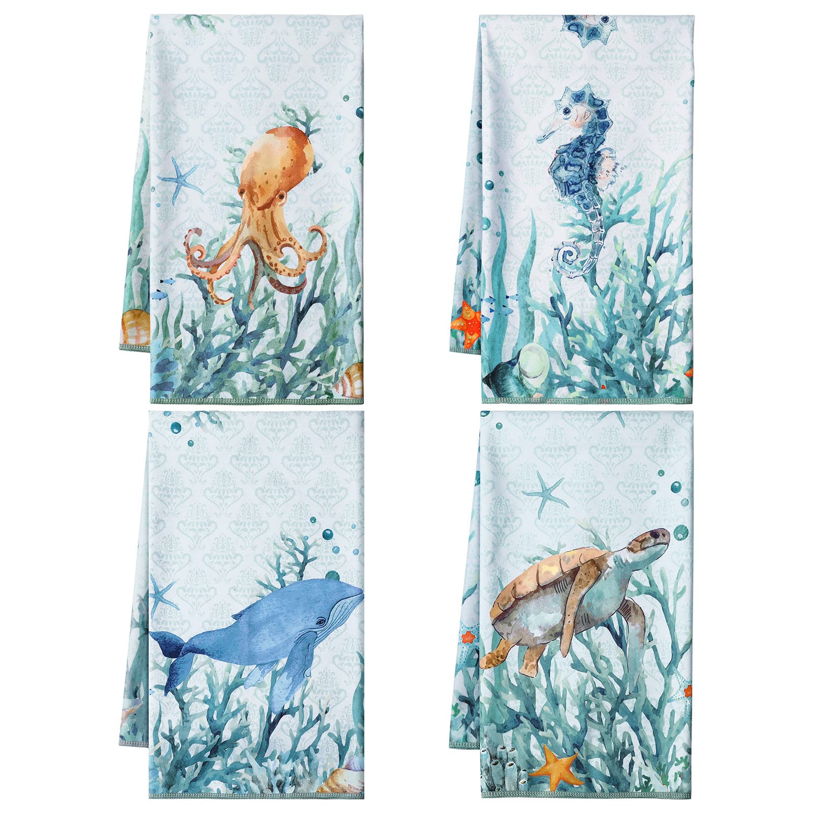 4 Pack Kitchen Towels - Soft Absorbent Beach & Hand Towels with Ocean Animal Nautical Design - Dish Cloths & Tea Towels for Cleaning, Drying - Perfect for Kitchen, Bathroom, Beach & Outdoor Use (Fresh Style)