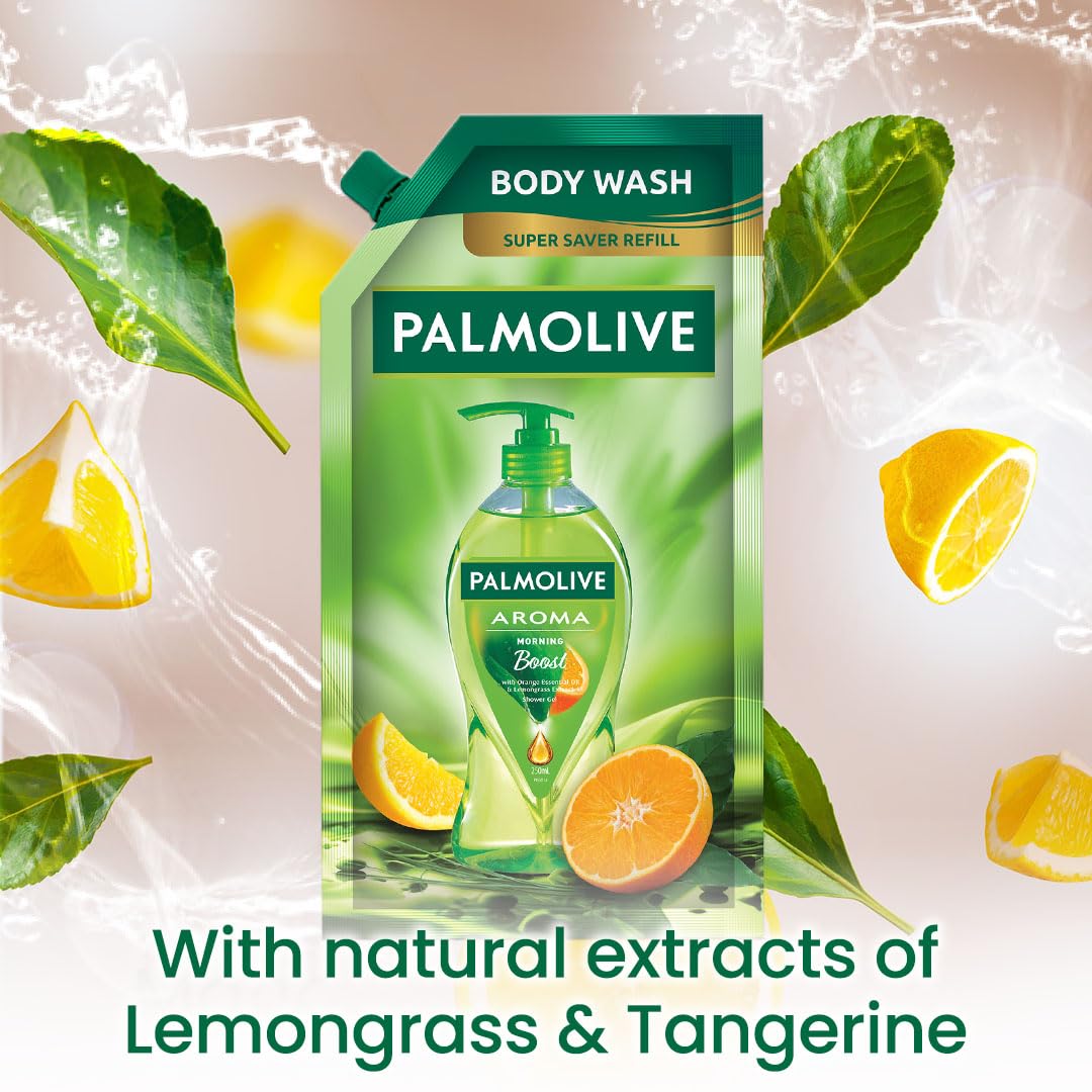 Palmolive Aroma Morning Boost Body Wash for Women & Men - 750ml Shower Gel Refill Pack with 100% Natural Citrus Essential Oil & Lemongrass Extracts | pH Balanced, Paraben & Silicone Free | Energizing Morning Shower for Soft, Smooth Skin | Perfect for Daily Use at Home, Gym, or Travel
