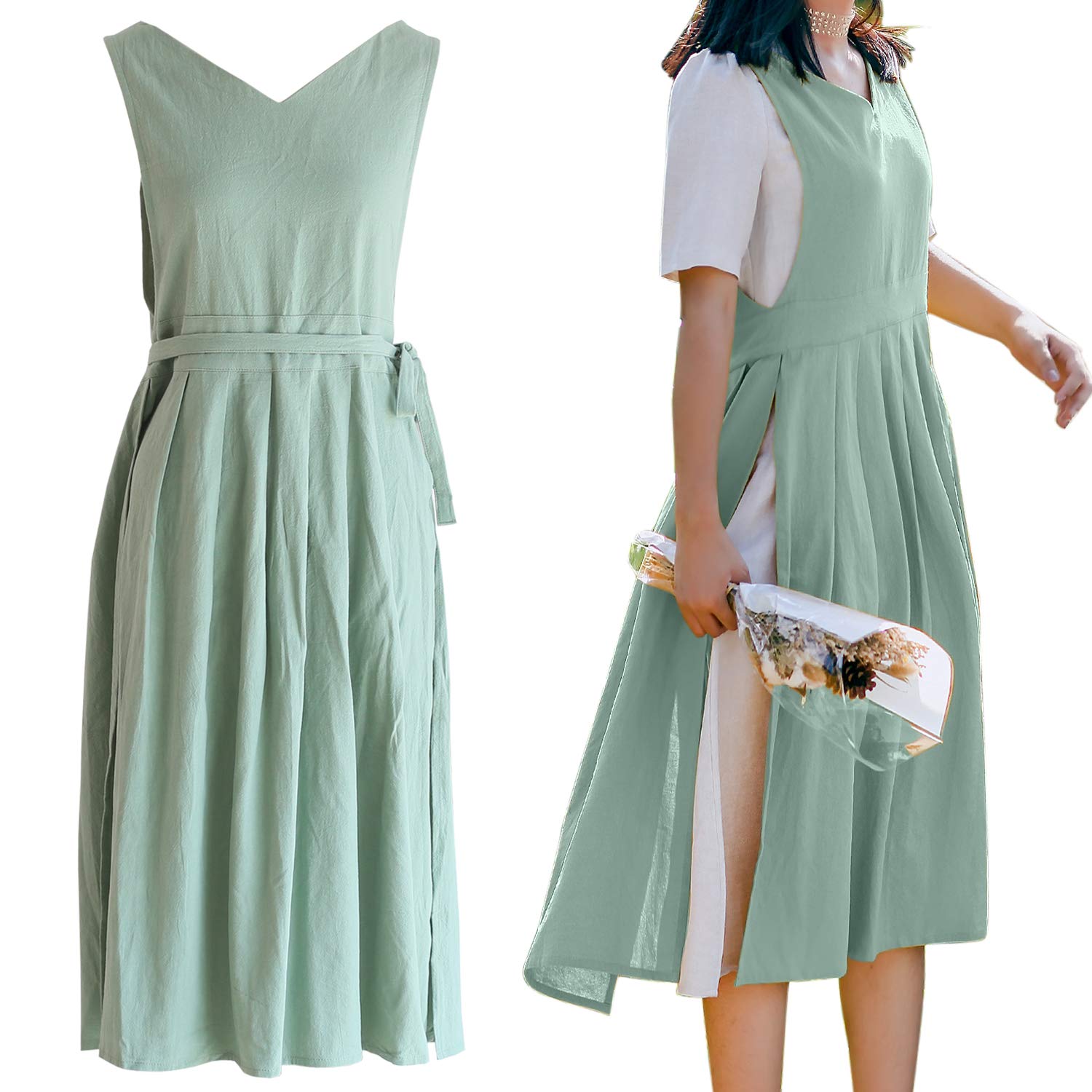 Women's Split Cotton Linen Apron Pinafore Dress - Long Waist Ties, H-Back Smock Bib for Kitchen, Cooking & Baking - Japanese Korean Style (Green) | Perfect for Home Chefs, Bakers & Cafe Workers