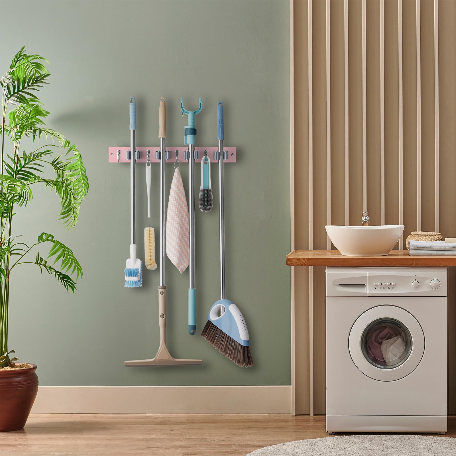 Pink Wall Mount Broom Holder with 4 Slots & 4 Hooks - Wooden Mop Hanger Organizer for Pantry, Closet, Laundry Room & Kitchen - Space Saving Storage Solution for Pink Kitchen Decor - Perfect for Small Spaces and Home Organization