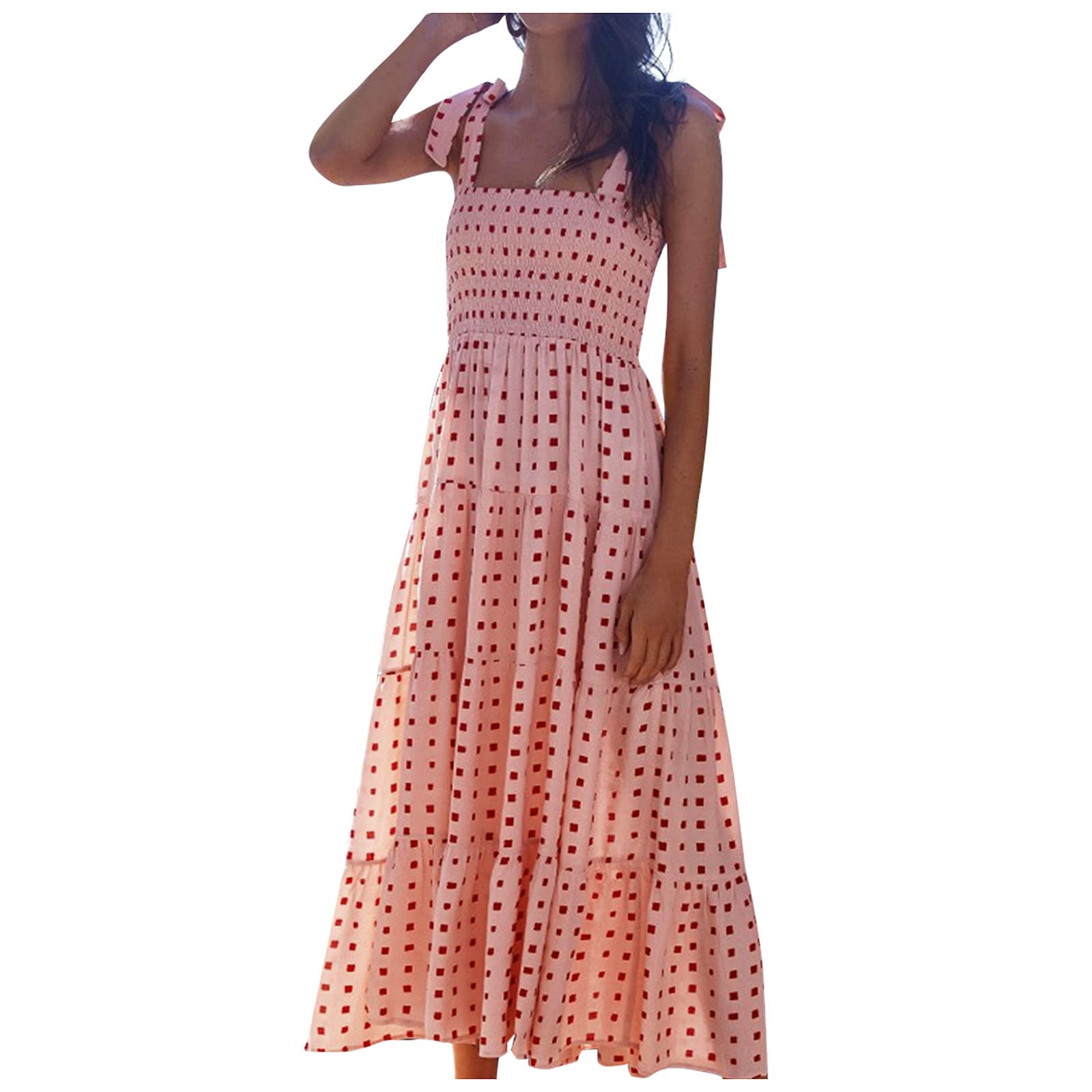 Bohemian Dot Print Women's Midi Long Dress - Square Neck Sleeveless A-Line Sundress for Beach, Vacation & Summer Outfits | Elegant Casual Dress for Women