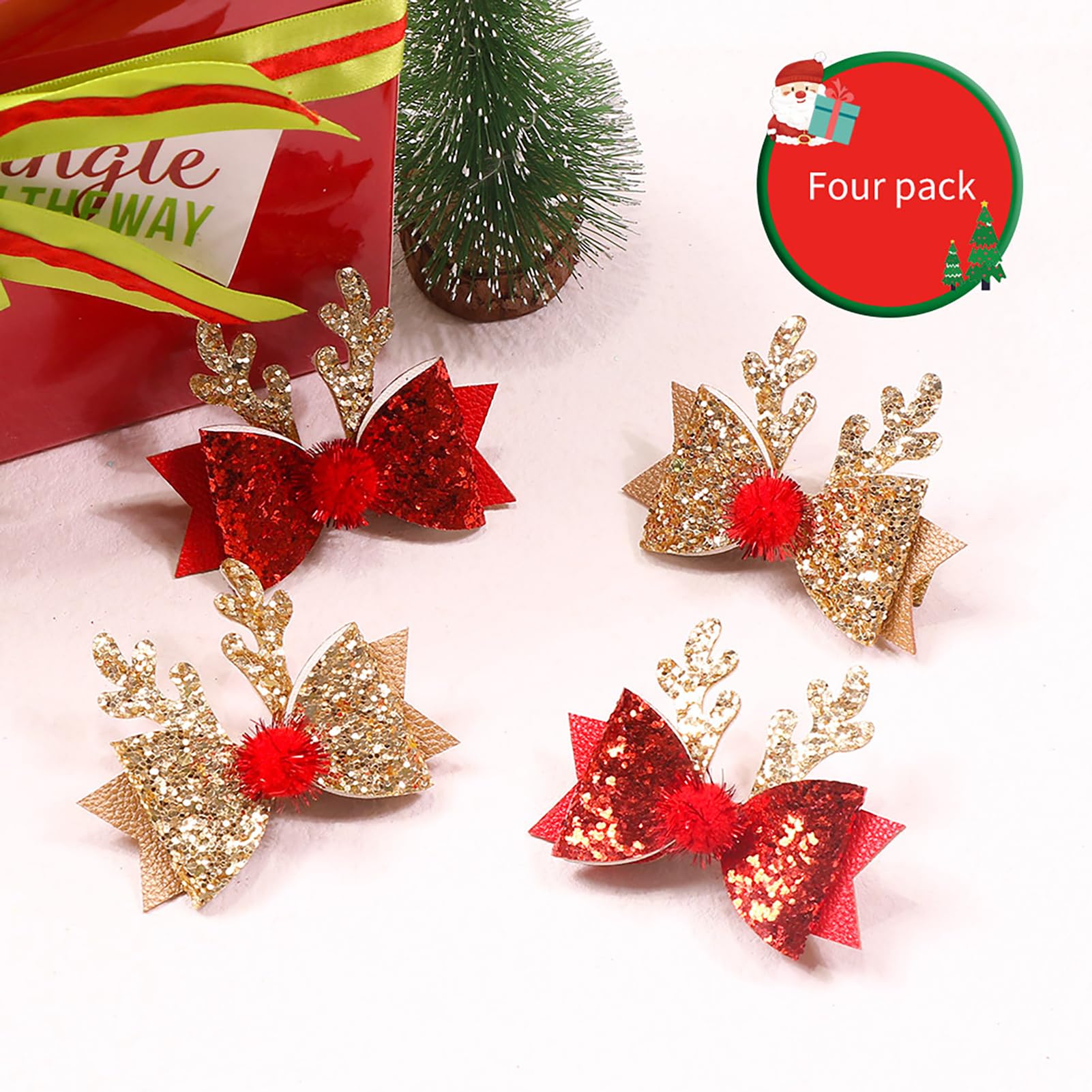 4 Pcs Christmas Hair Clips - Cute Reindeer Antlers Hair Accessories with Glitter Sequins for Women Girls Kids | Xmas Party, Holiday Cosplay, Gift Giving & Festive Outfits
