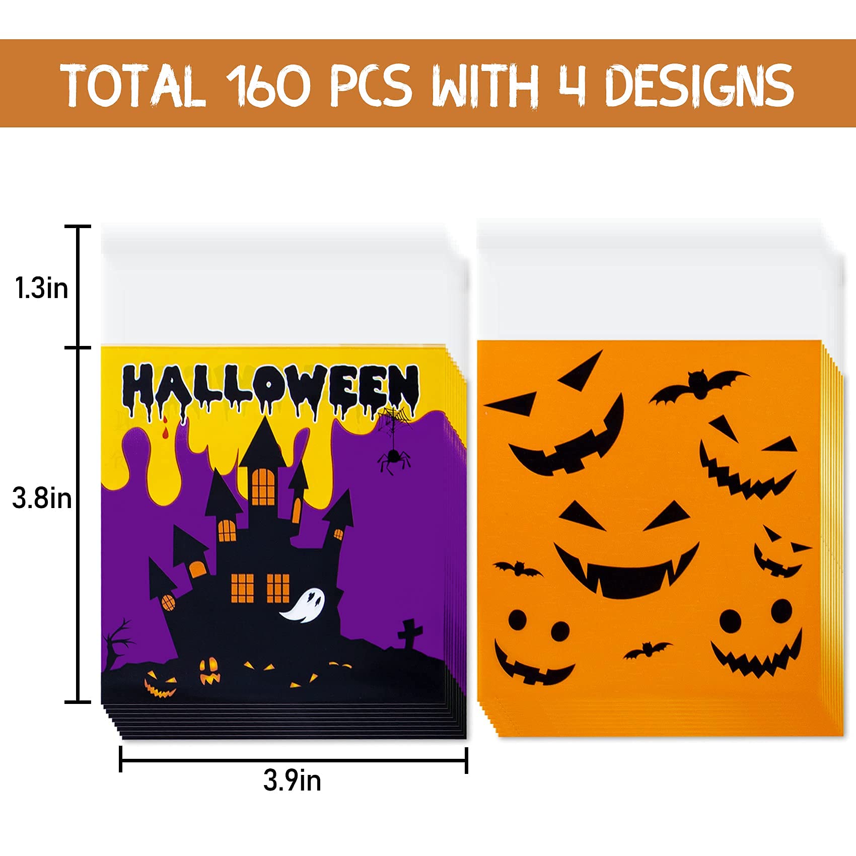 Eunvabir 160 PCS Halloween Cellophane Treat Bags - Self Adhesive Candy Goodie Cookie Snacks Gift Bags for Trick or Treat Party Favors, Classroom Prizes, Halloween Party Supplies & School Events