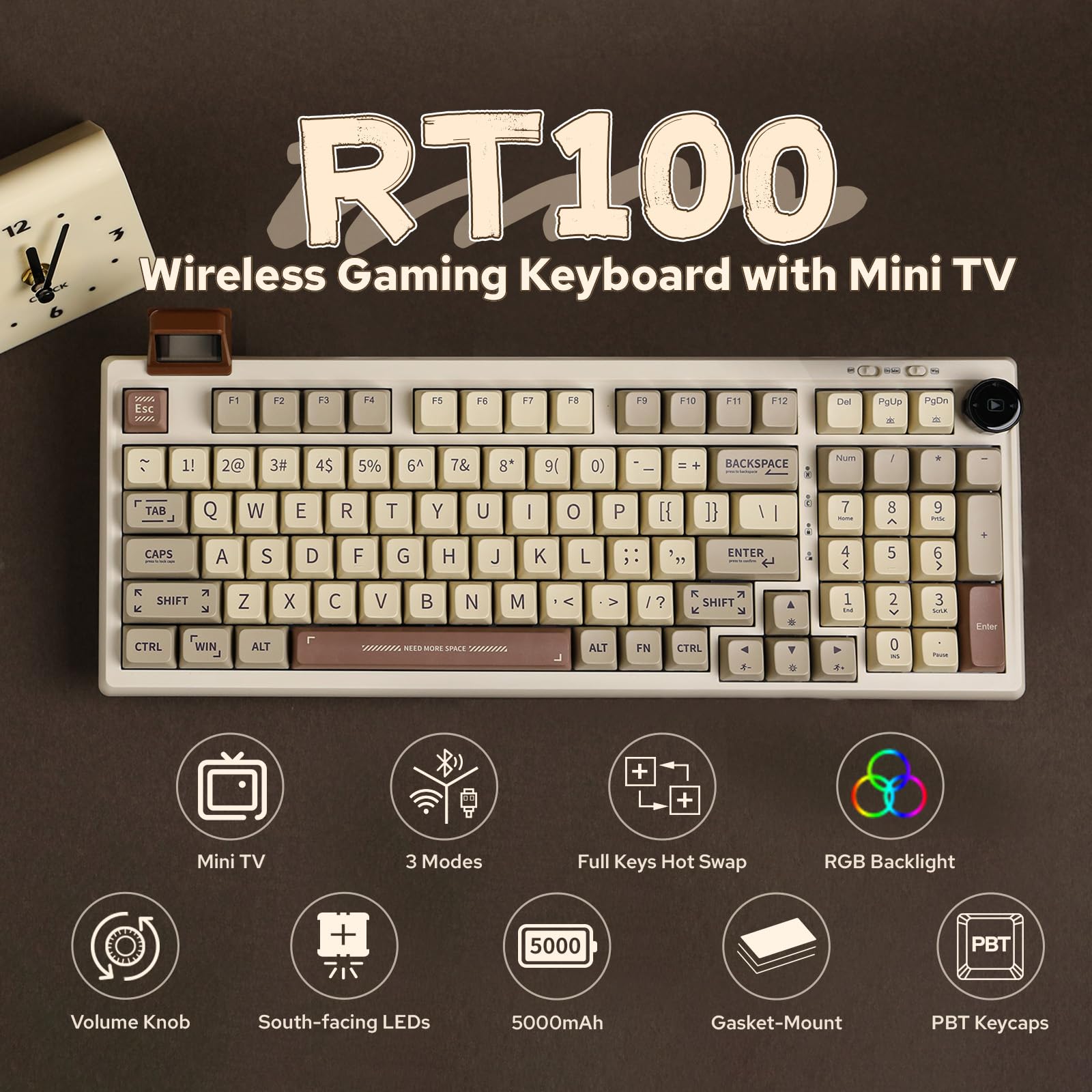 EPOMAKER RT100 97-Key Wireless Mechanical Gaming Keyboard with Customizable Display, Rotary Knob & Hot-Swappable Switches | Bluetooth 5.0/2.4GHz/USB-C | 5000mAh Battery | Wisteria Linear Switch | Compatible with Windows & Mac | Perfect for Gaming, Office Work & Typing Enthusiasts