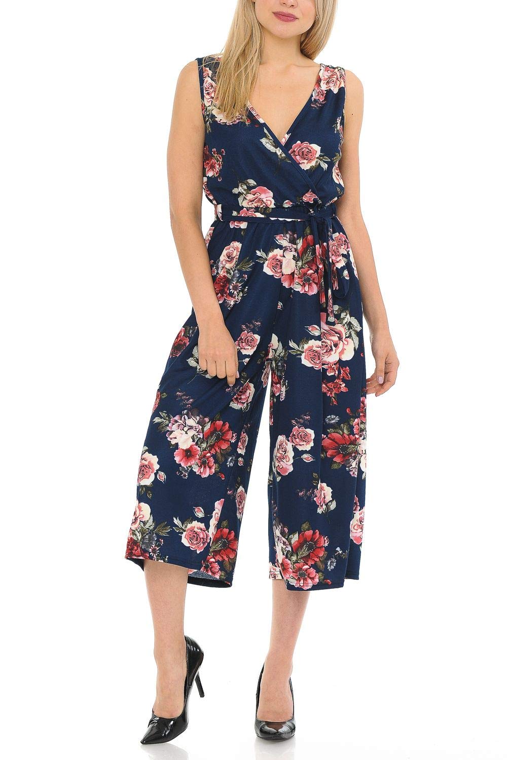Auliné Collection Women's Sleeveless Wrap Romper Jumpsuit - Wide Leg Culotte Capri Pants for Summer, Beach & Vacation Outfits | Casual & Boho Chic Style