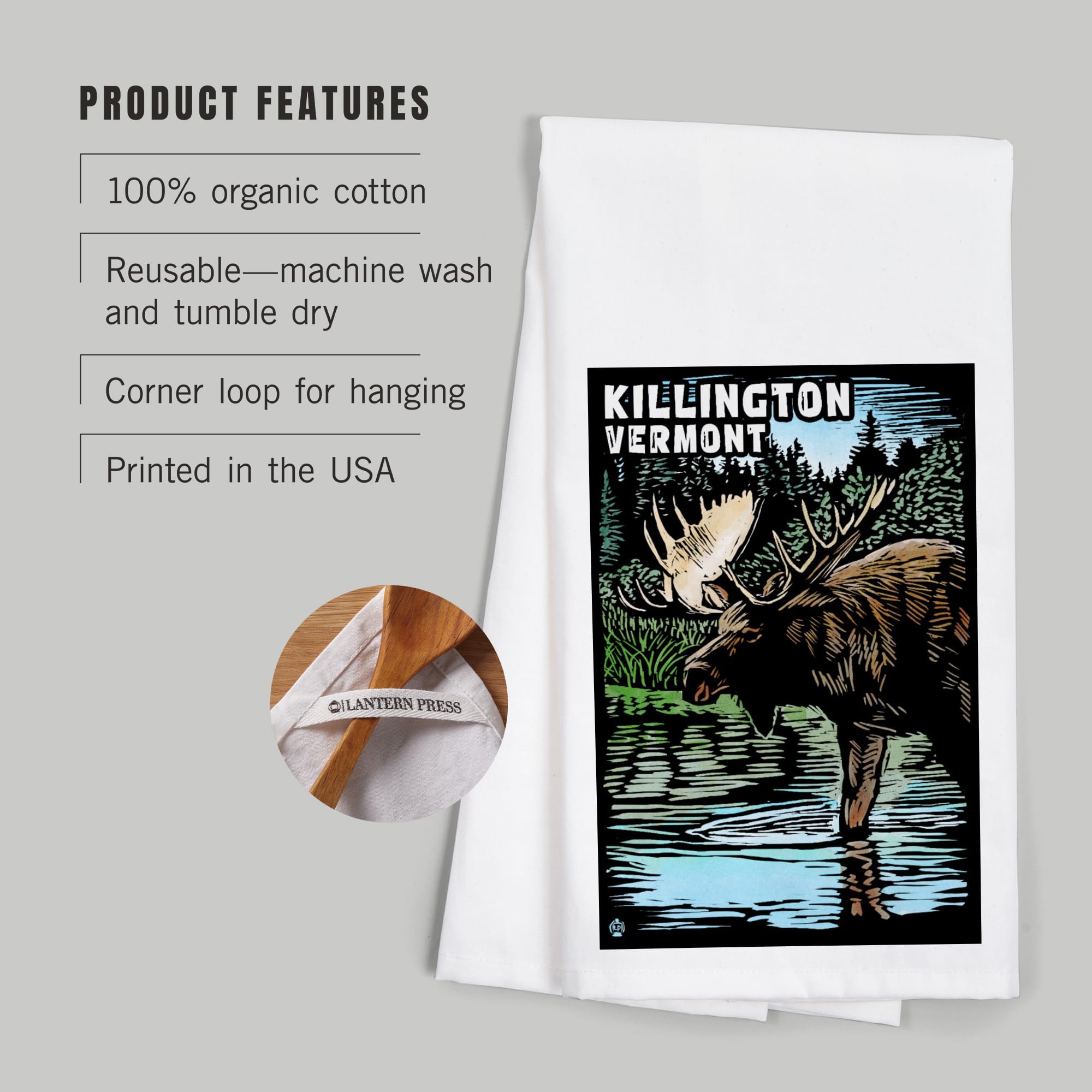 Lantern Press Killington Vermont Moose Scratchboard Tea Towel - 100% Cotton Decorative Hand Towel for Kitchen & Home - Perfect for Dish Drying, Gift Giving & Farmhouse Decor