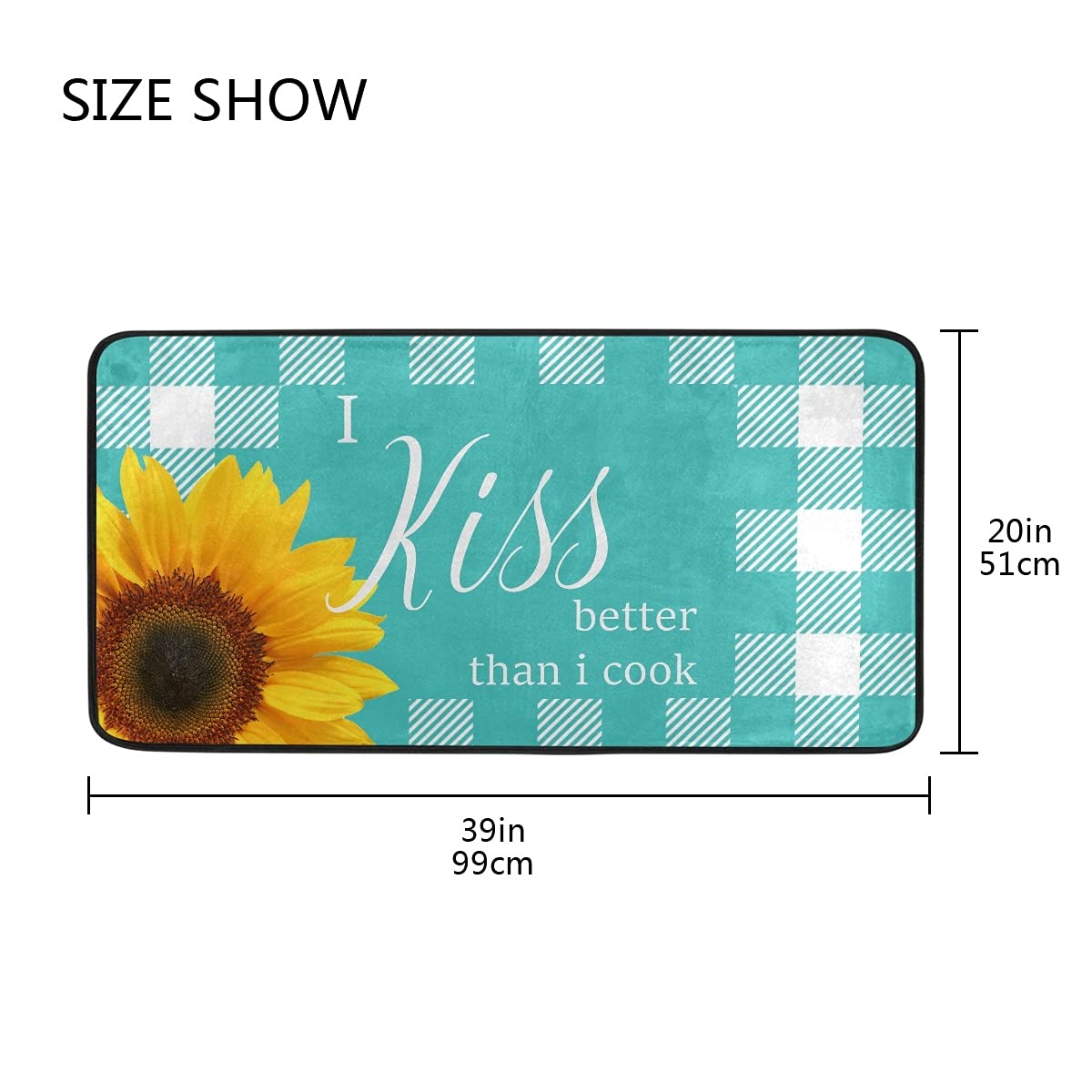Teal Plaid Sunflower Non-Slip Kitchen Rug - Washable Buffalo Check Anti-Fatigue Floor Mat for Kitchen - Perfect for Cooking, Dishwashing & Standing Comfort