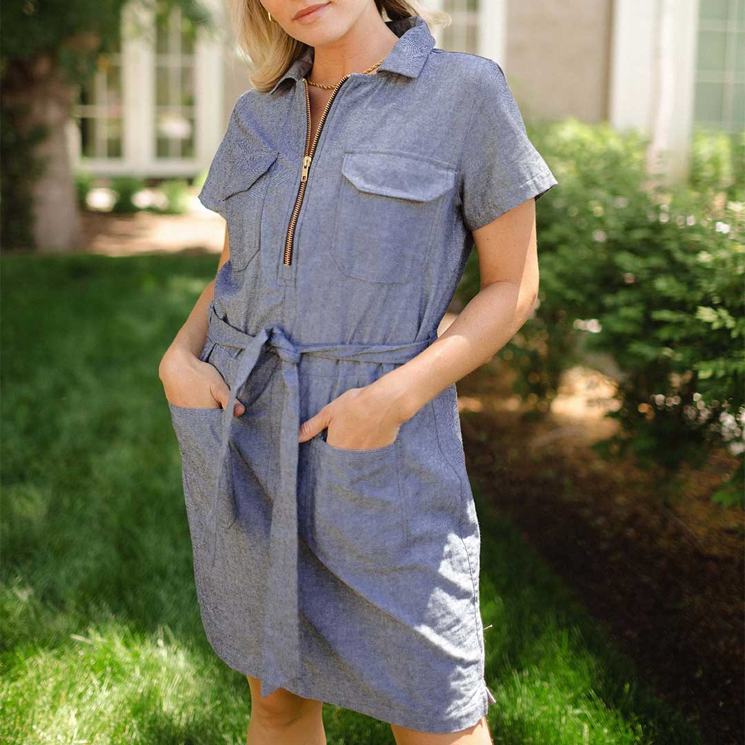 Cape Cod Zip Up Dress in Chambray Black - Stylish Casual Outfit for Beach, Brunch & Summer Vacations
