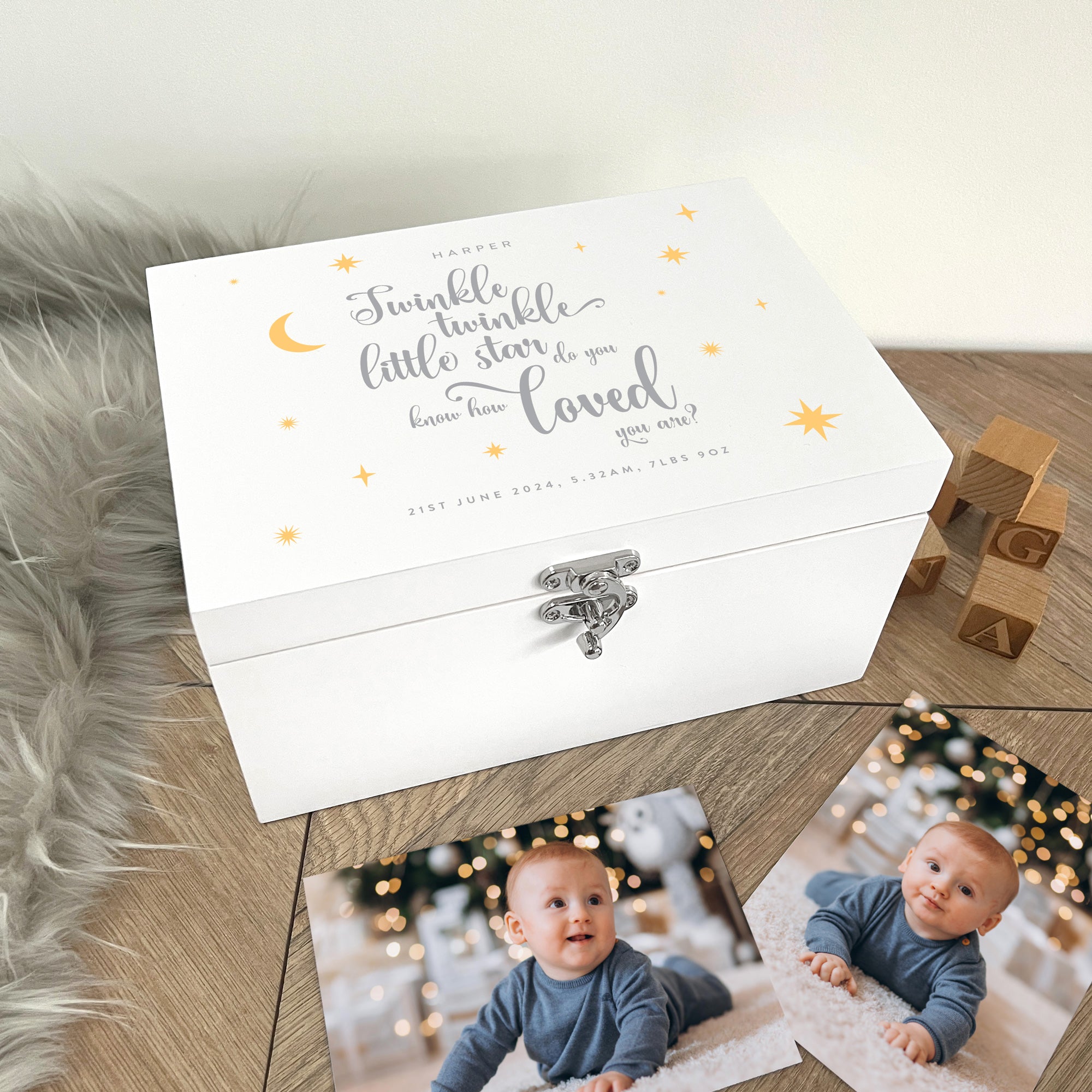 Personalized Twinkle Twinkle Baby Keepsake Box - White Wooden Memory Chest for Newborns (3 Sizes: 22cm, 27cm, 30cm) - Perfect for Baby Showers, Christenings & First Birthday Gifts