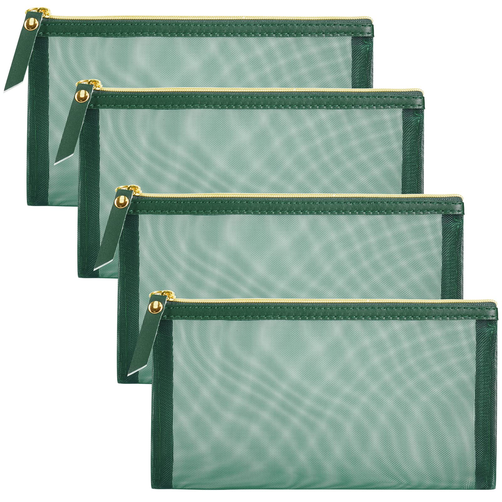 4-Piece Mesh Cosmetic Bag Set with Leather Pull & Gold Zipper - Waterproof Nylon Makeup Organizer for Travel, Purse, Diaper Bag (Emerald Green) - Perfect for Gym, Vacation & Daily Essentials Storage