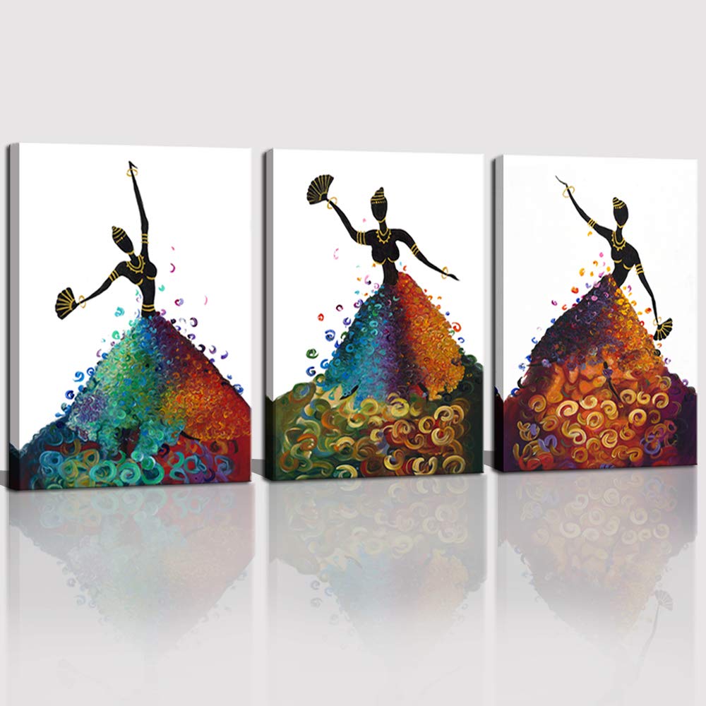 African American Black Art Wall Decor - 3 Panel Abstract Painting for Living Room & Bathroom