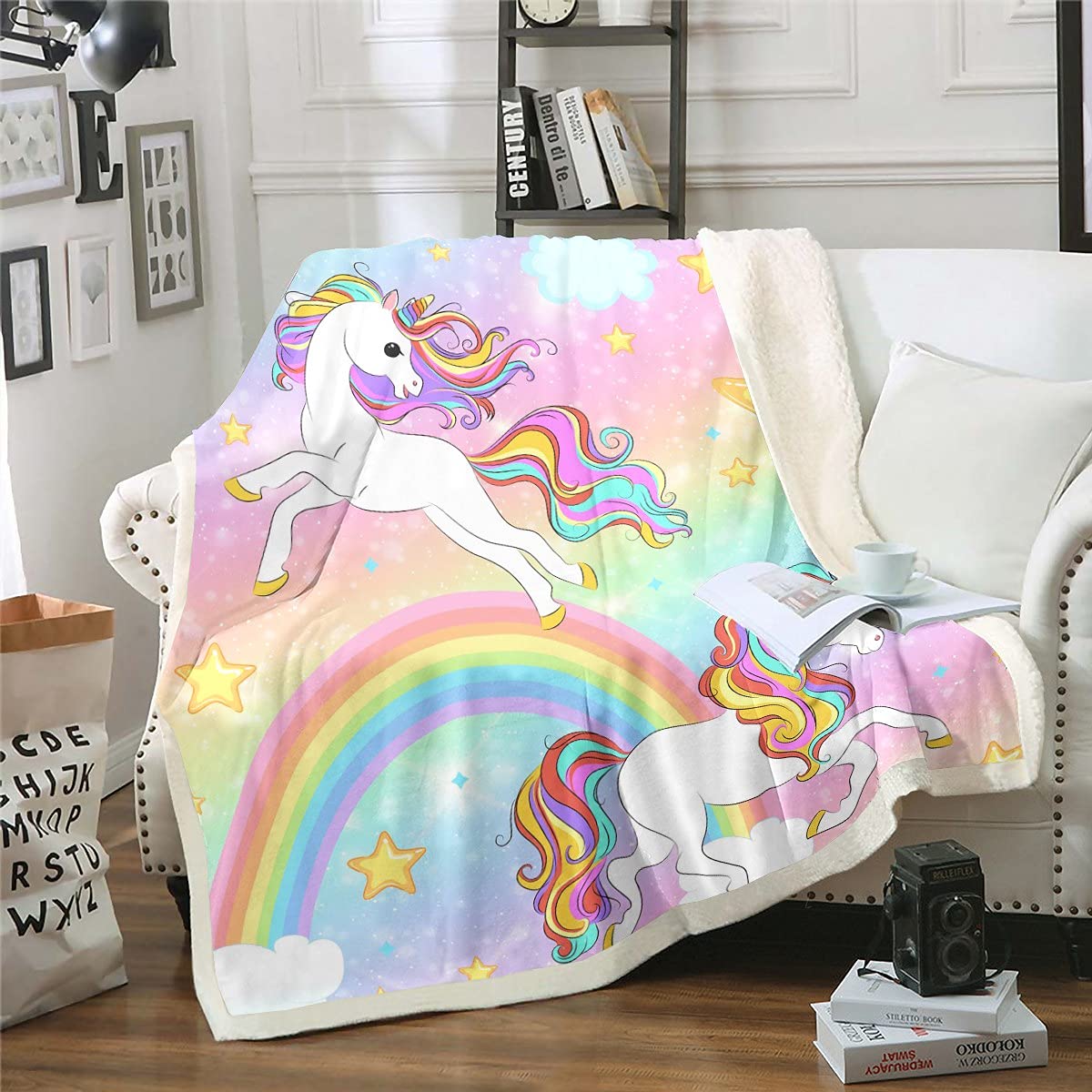 Rainbow Unicorn Sherpa Fleece Blanket - Soft Fuzzy Throw Blanket for Kids, Teens & Adults - 50x60 Inch Cozy Cartoon Print Blanket for Bed, Couch & Sofa - Perfect for Gifts, Movie Nights & Winter Warmth