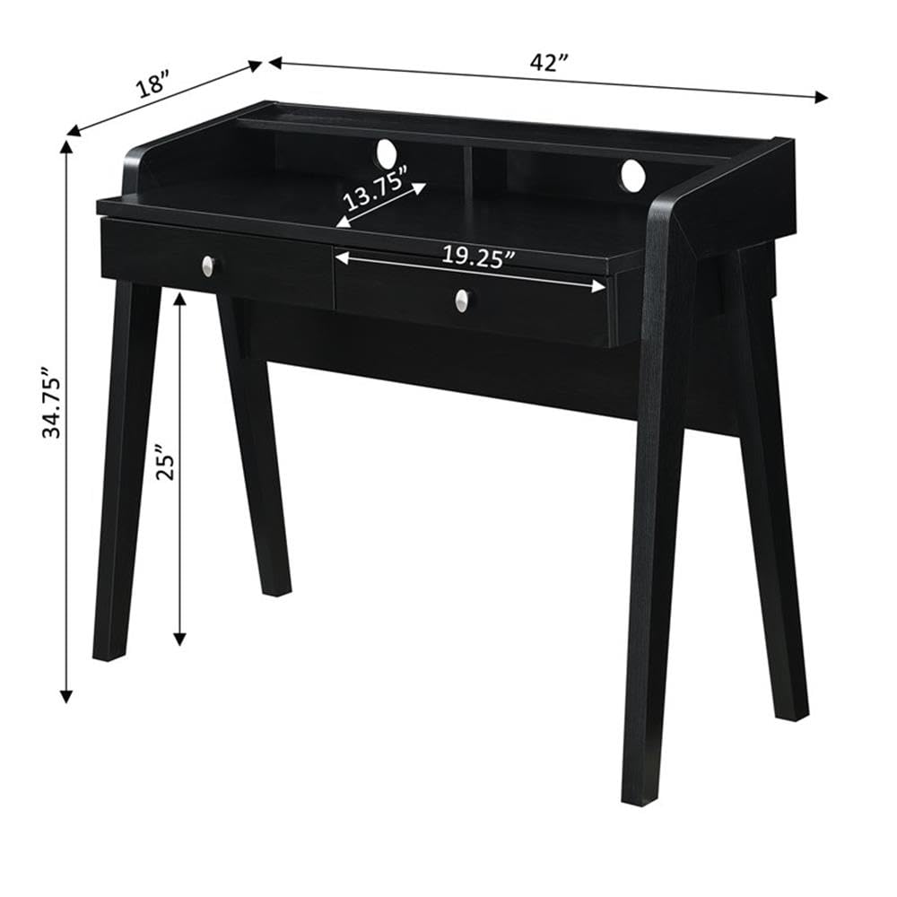 Convenience Concepts Newport Deluxe 2-Drawer Writing Desk with Storage Shelf - Black Finish for Home Office & Study Room