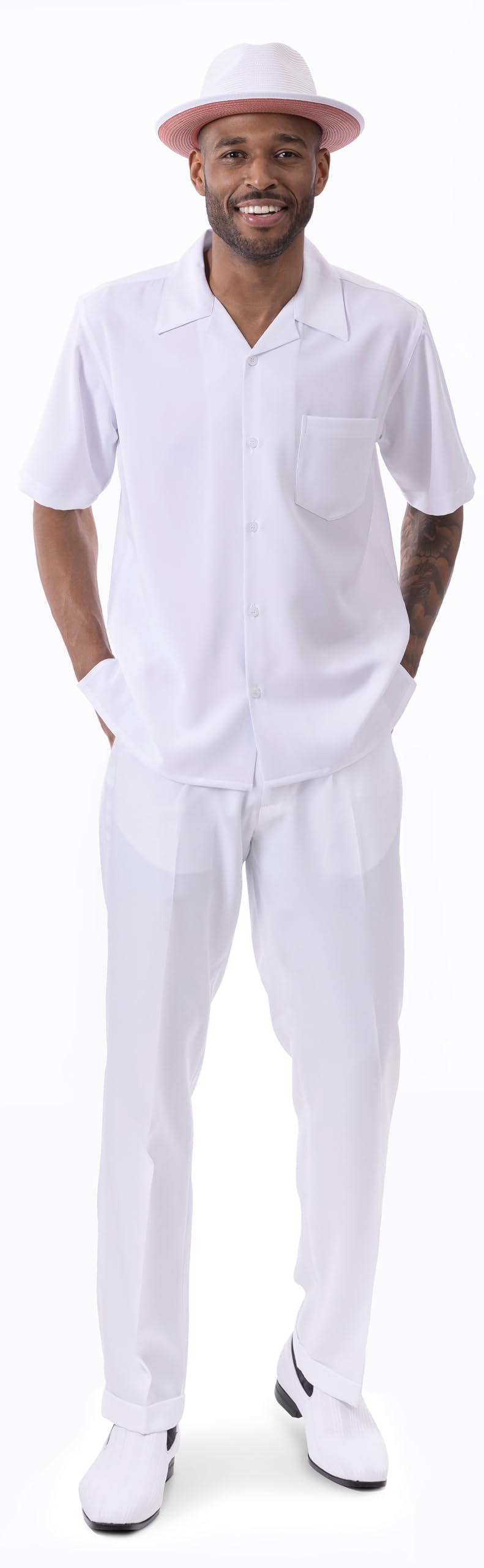 MONTIQUE Men's 2-Piece Walking Suit Set - Breathable Short Sleeve Shirt & Comfortable Long Pants in Solid Colors (Style 696) | Perfect for Casual Outings, Travel & Summer Activities