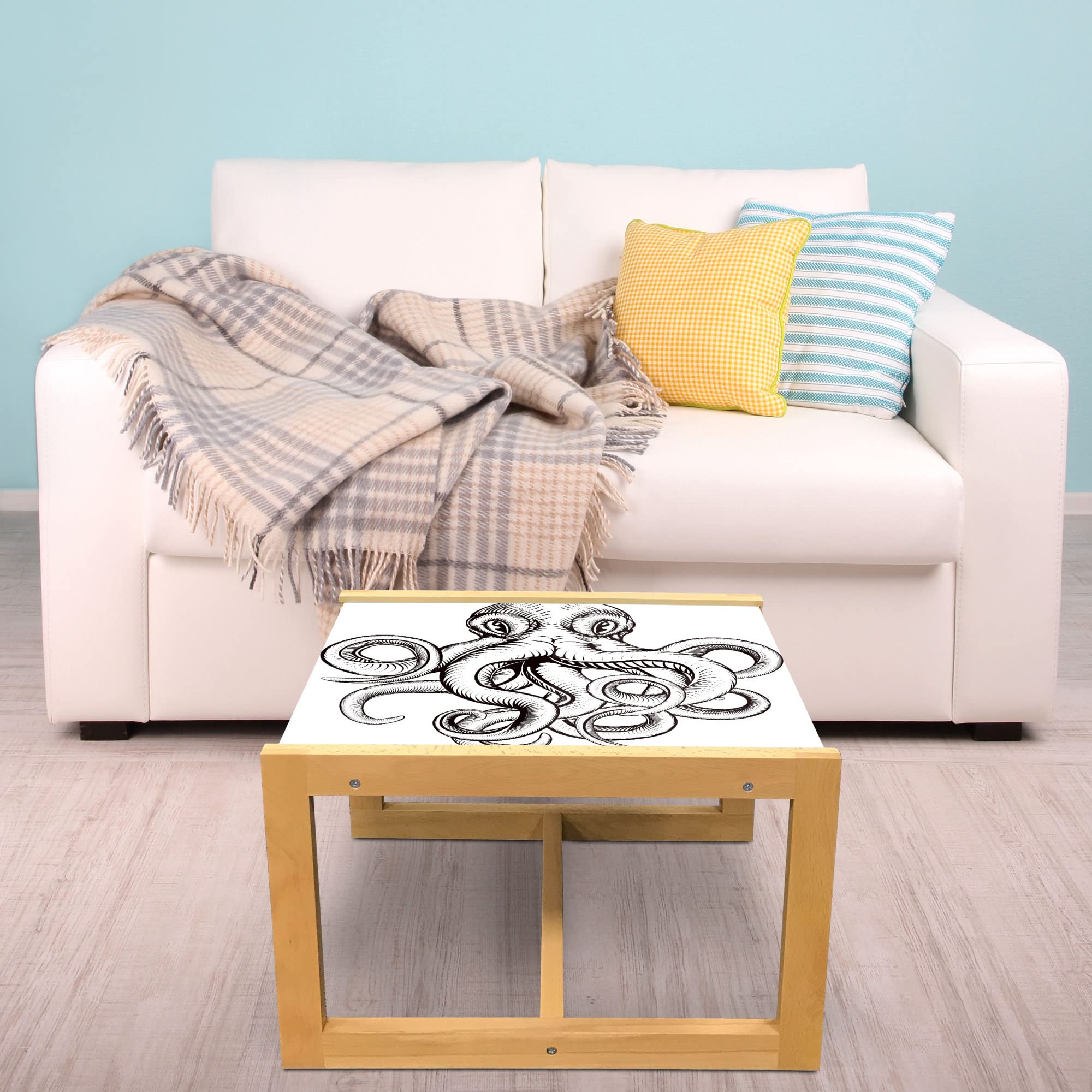 Ambesonne Octopus Coffee Table - Woodblock Style Monochrome Art, Acrylic Glass Top with Wooden Frame, Large Brown & White Center Table for Living Room, Office, Dorm | Unique Home Decor, Modern Furniture for Small Spaces
