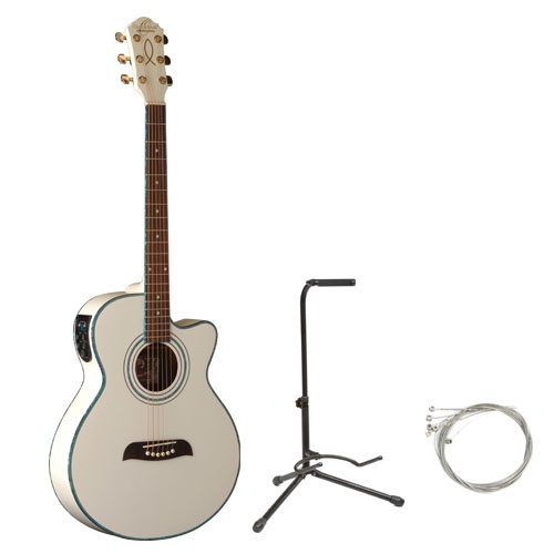 Oscar Schmidt by Washburn OG10CE Concert-Size Cutaway Acoustic-Electric Guitar Combo with Gig Bag, Stand, and Strings - White | Perfect for Beginners, Live Performances & Home Practice