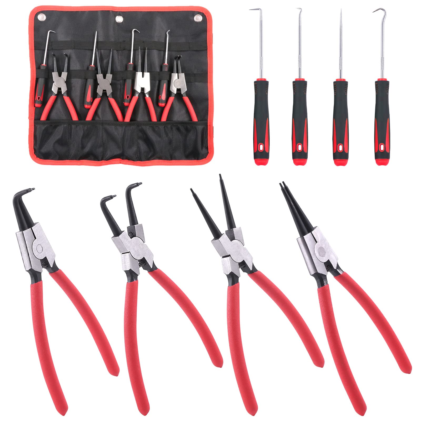 8Pcs Heavy Duty Snap Ring Pliers Set - 9 Inch Internal & External Circlip Pliers with Straight & Bent Jaw for Automotive, Machinery, and DIY Repairs - Perfect for Ring Removal and Retaining Clip Maintenance