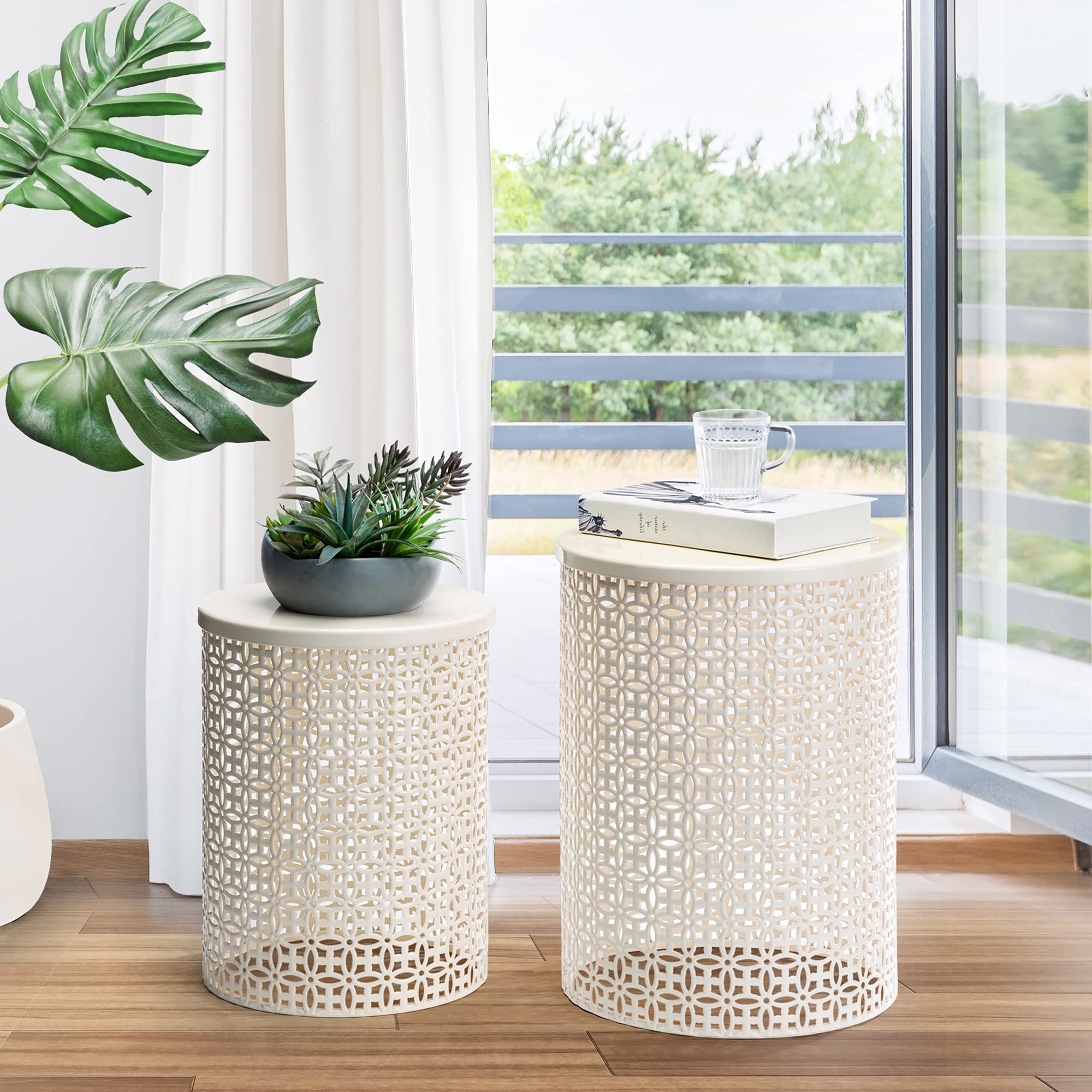 Glitzhome 2-Piece Outdoor Side Table Set - Heavy Duty Metal Frame Modern End Table for Garden, Patio, Balcony & Indoor Use - Cream White Accent Table for Living Room, Bedroom & Outdoor Decor