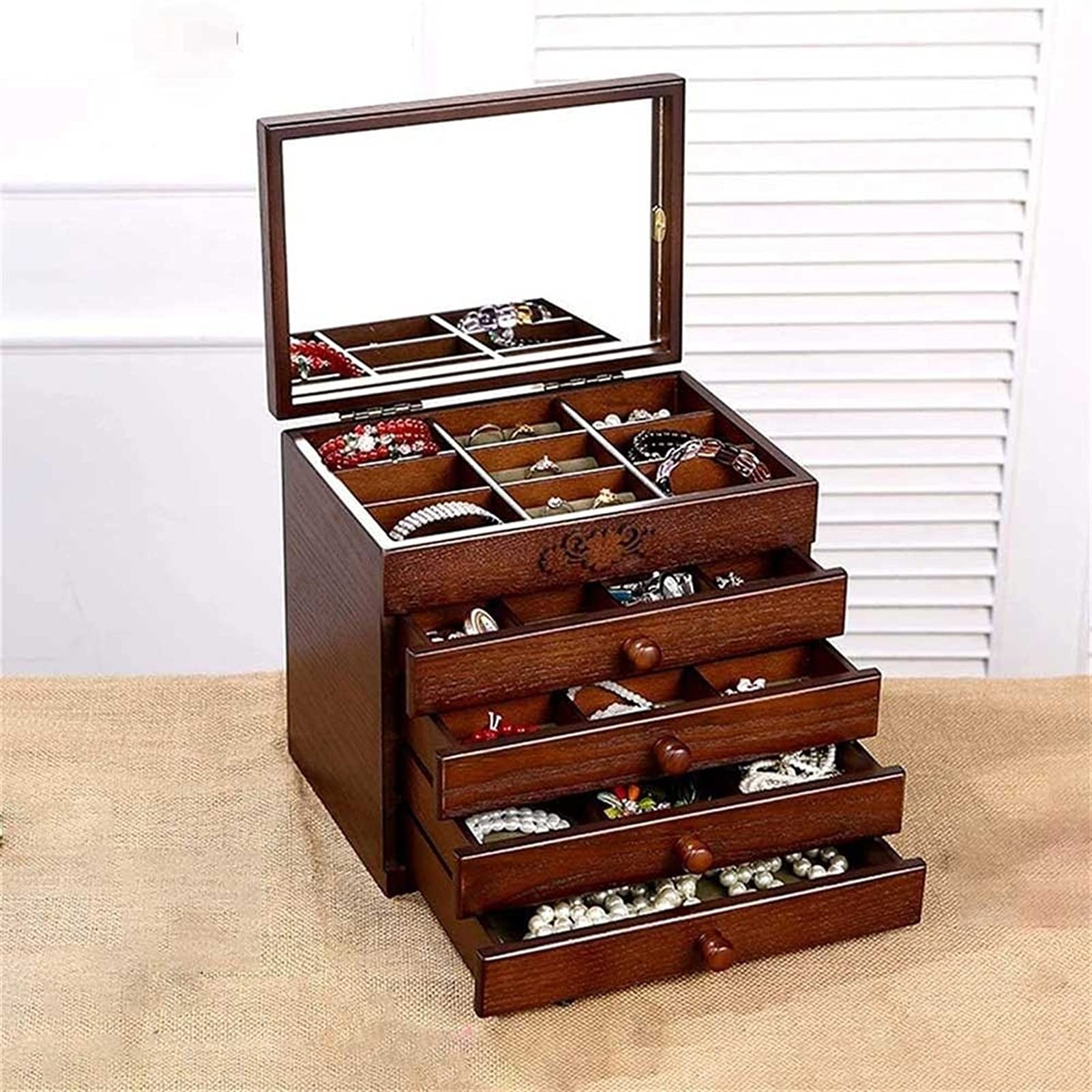 Wooden Jewelry Box with 4 Drawers & Large Mirror - Lockable Storage Organizer for Rings, Earrings, Necklaces, Bracelets - Perfect Gift for Women, Mothers & Girls - Ideal for Bedroom Vanity, Travel & Wedding Jewelry Organization