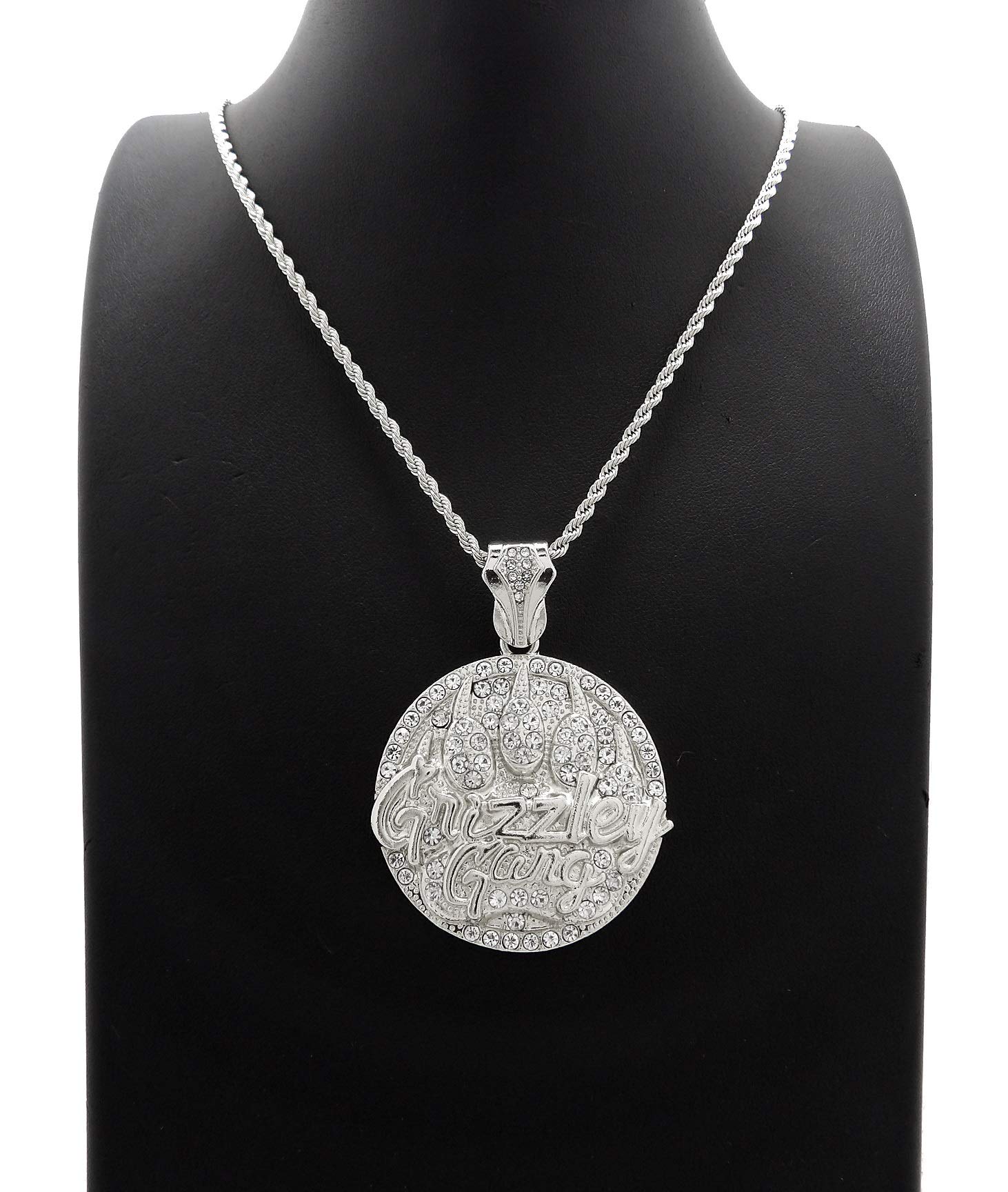 White Gold Plated Iced Grizzly Gang Medal Pendant with 3mm 24