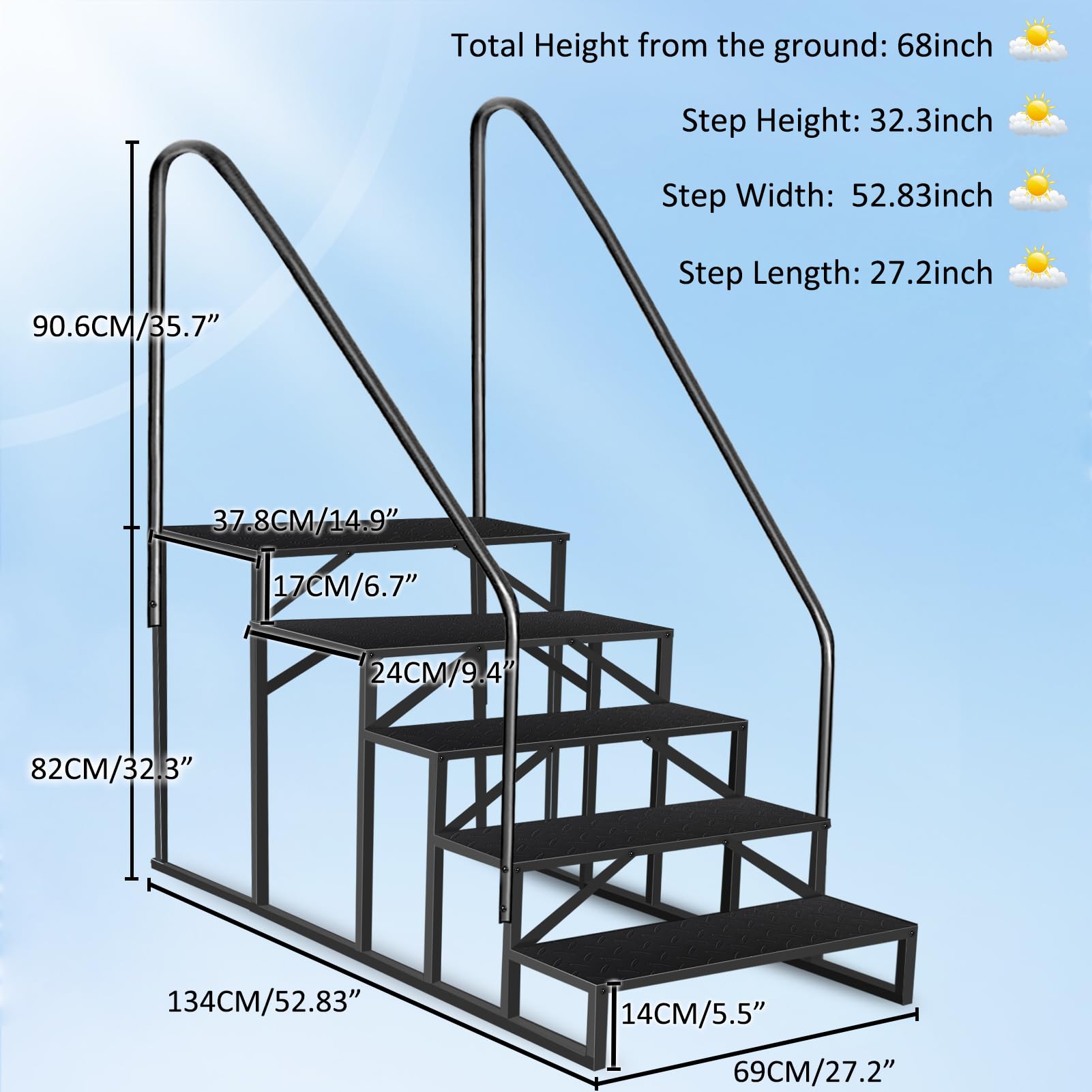 5 Step Ladder with 2 Handrails - Heavy Duty Above Ground Pool Ladder & Hot Tub Steps with Anti-Slip Pedals (3.0 Updated Version) - Perfect for Inground/Above Ground Pools, Spas, and Jacuzzis