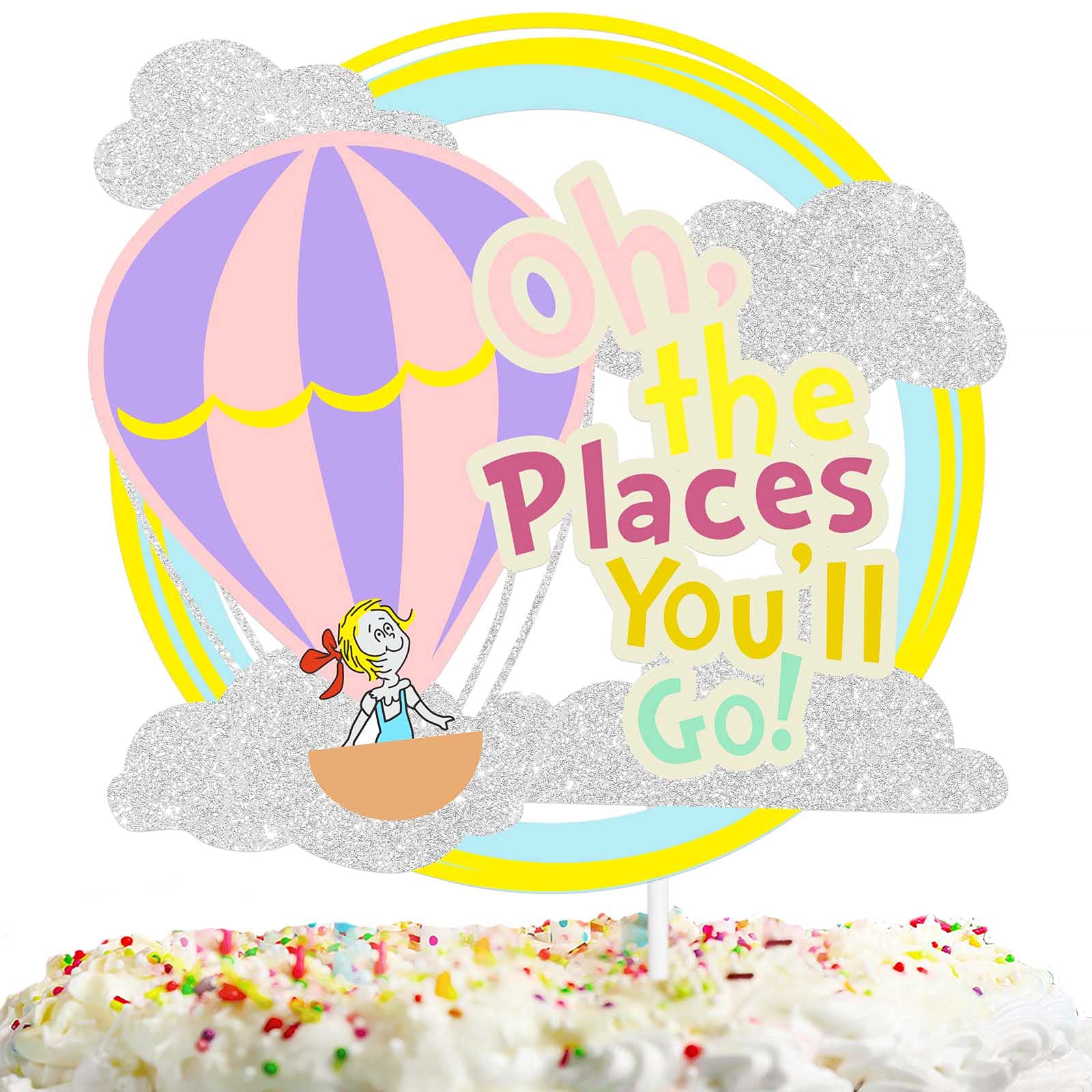 Gold Glitter Hot Air Balloon Cake Topper - Oh The Places You'll Go Travel Theme Decor for Graduation, Baby Shower, Birthday Party | Bon Voyage Celebration Supplies for Boys & Girls | Perfect for Travel-Themed Events, Classroom Decor, and Special Occasions