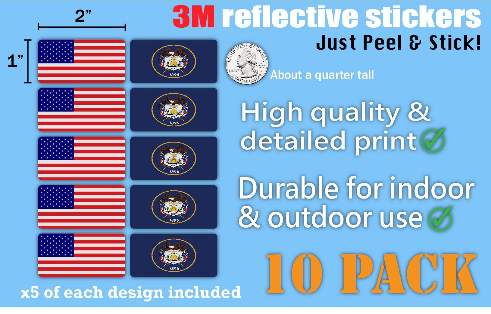 (x10) 3M Reflective Utah & US Flag Stickers - High Visibility Safety Decals for Hard Hats, Laptops, Bikes & Toolboxes | Patriotic Car, Truck & Motorcycle Accessories | Outdoor Work & Night Safety Gear