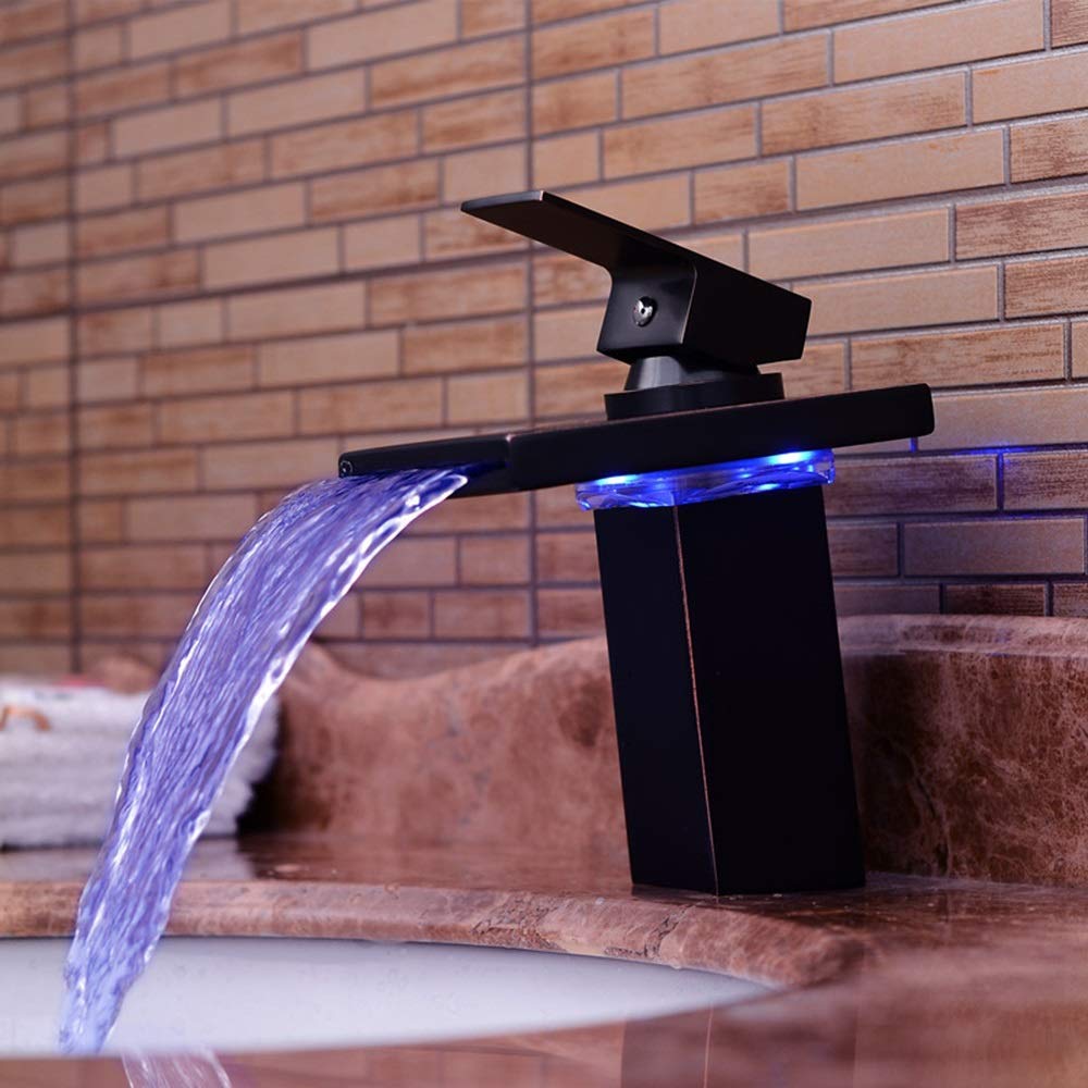Modern Black LED Luminous Waterfall Faucet - Copper Antique Retro Design with Hot/Cold Water Mixer - Perfect for Bathroom Vanity & Kitchen Sink - Energy Saving & Stylish Home Upgrade