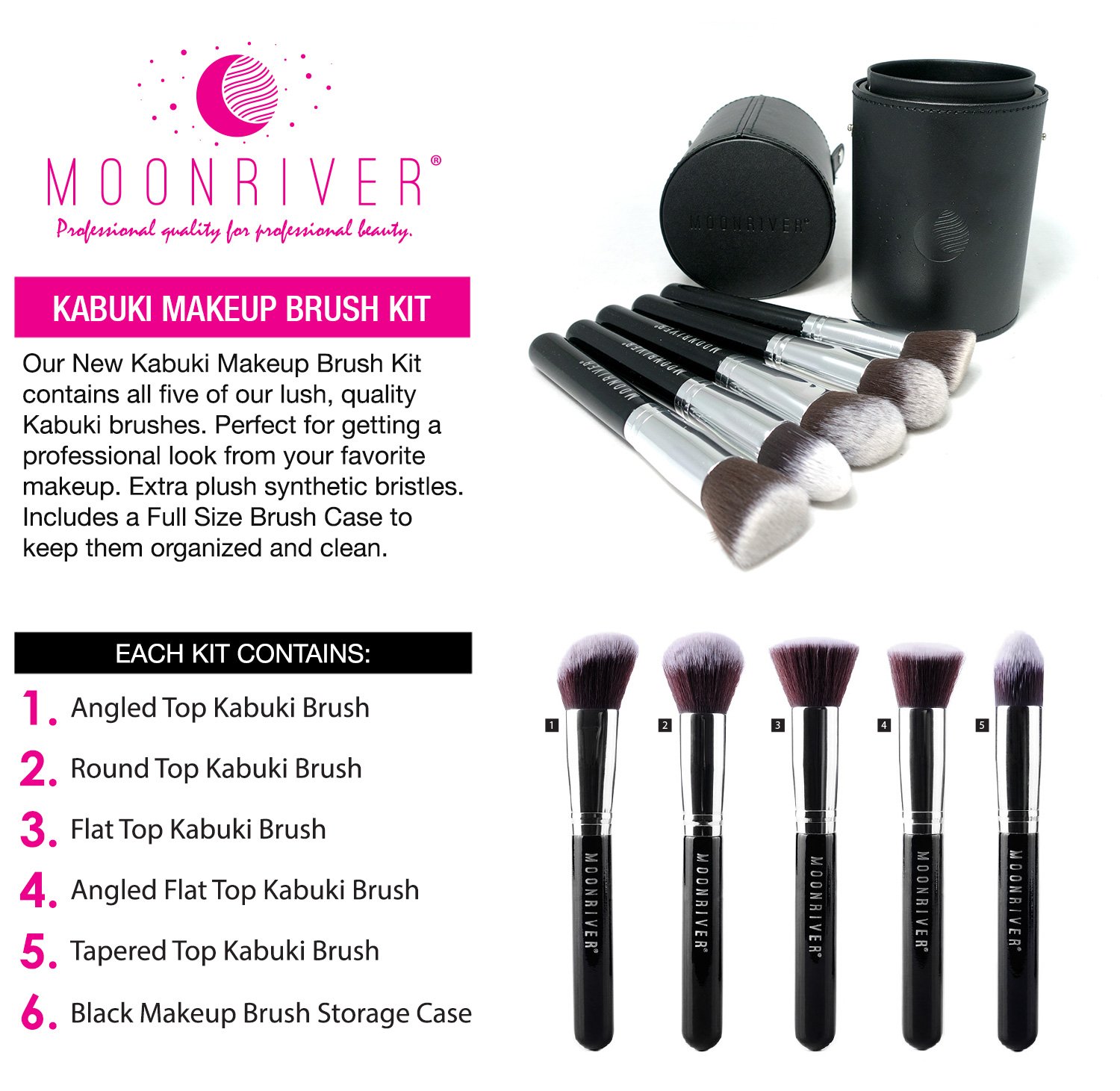 Premium 5-Piece Kabuki Makeup Brush Set with Travel Case - Professional Makeup Brushes for Foundation, Blush & Powder Application - Perfect for Home, Travel & Professional Makeup Artists