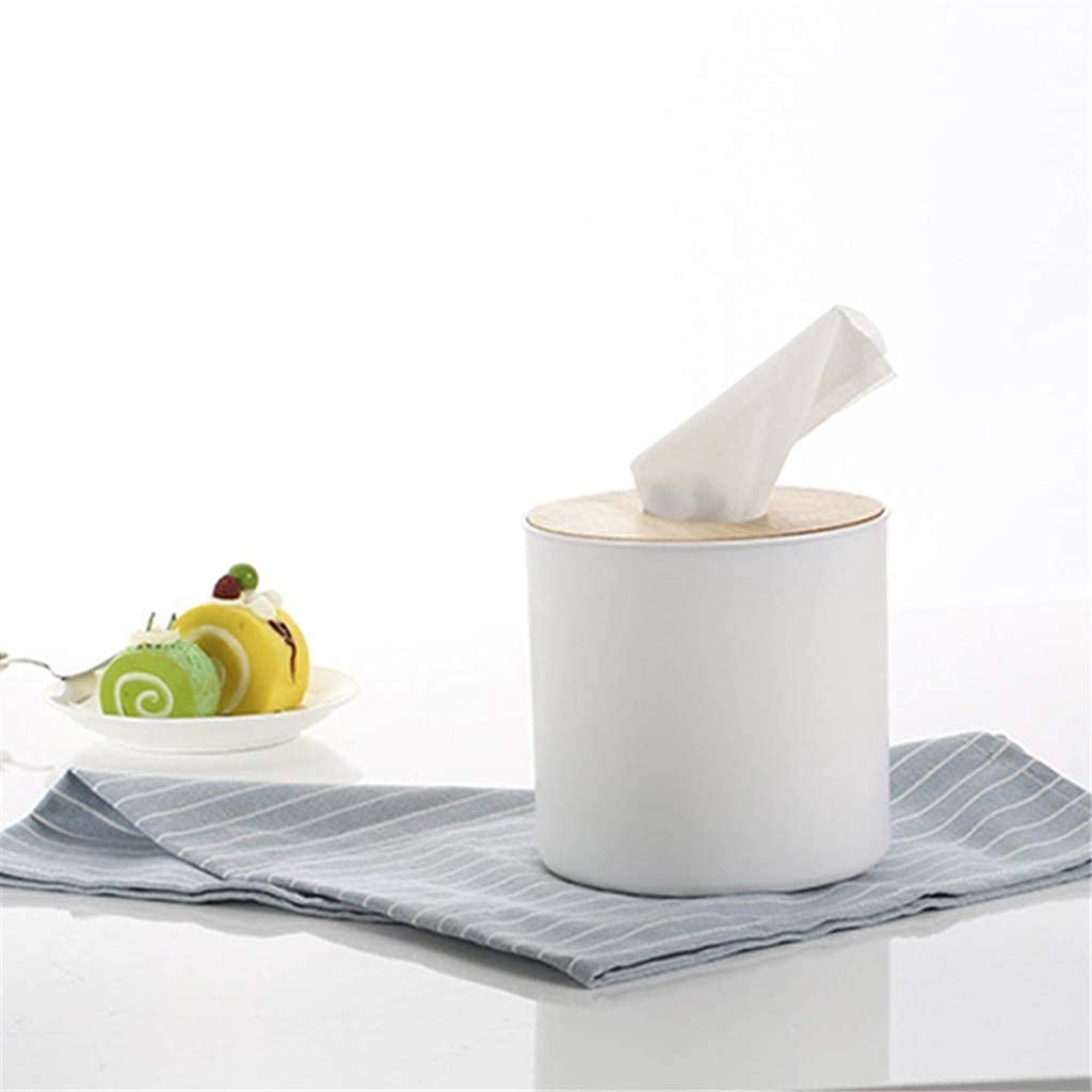 Waterproof Oak Round Tissue Box Cover with Plastic Liner - Stylish Paper Towel Holder for Living Room, Kitchen & Office - 13.3x13cm White Home Decor Organizer