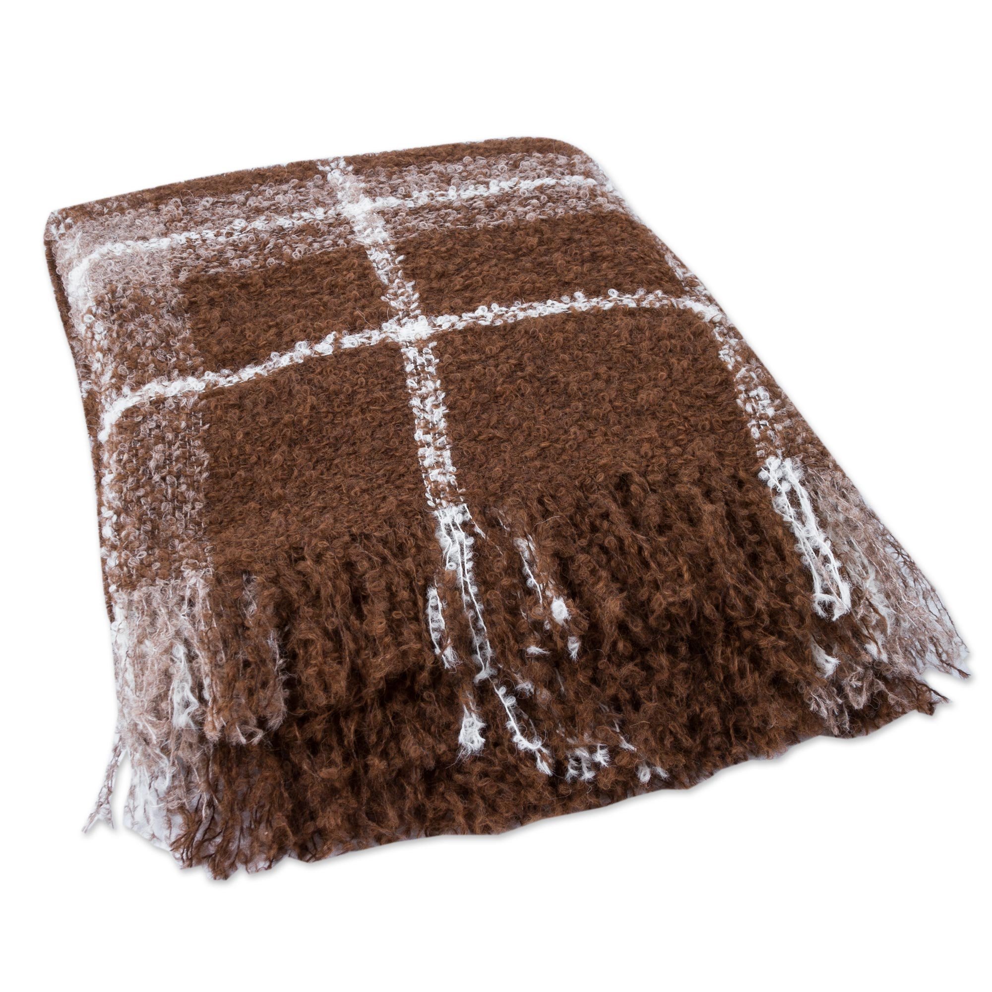 NOVICA Chocolate Brown Plaid Boucle Alpaca Blend Throw Blanket - Soft Cozy Winter Wrap for Couch, Bed & Home Decor