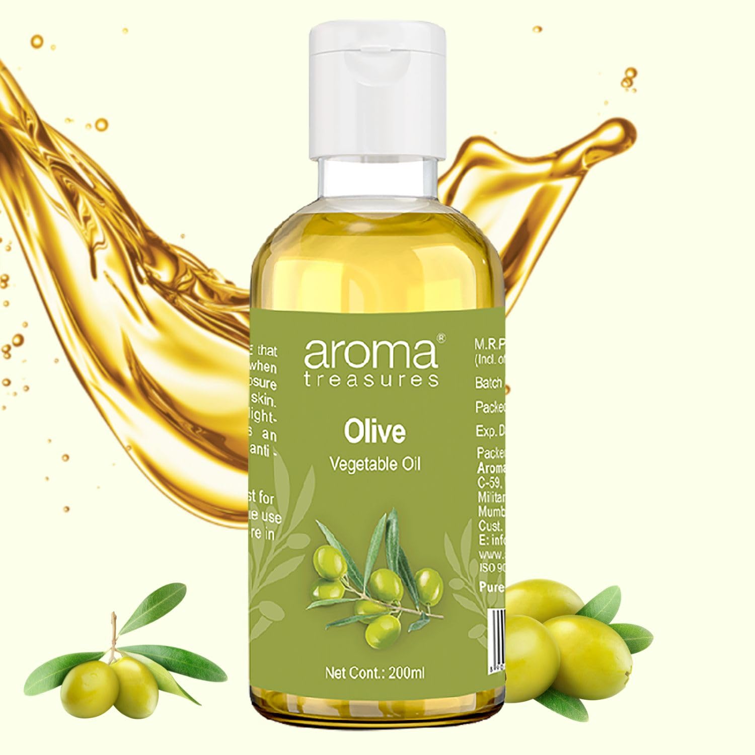 Aroma Treasures Pure Olive Oil with Vitamin E - 200ml Cold Pressed Extra Virgin for Skin Care, Hair Growth & Massage - Natural Moisturizer for Face, Body & Scalp