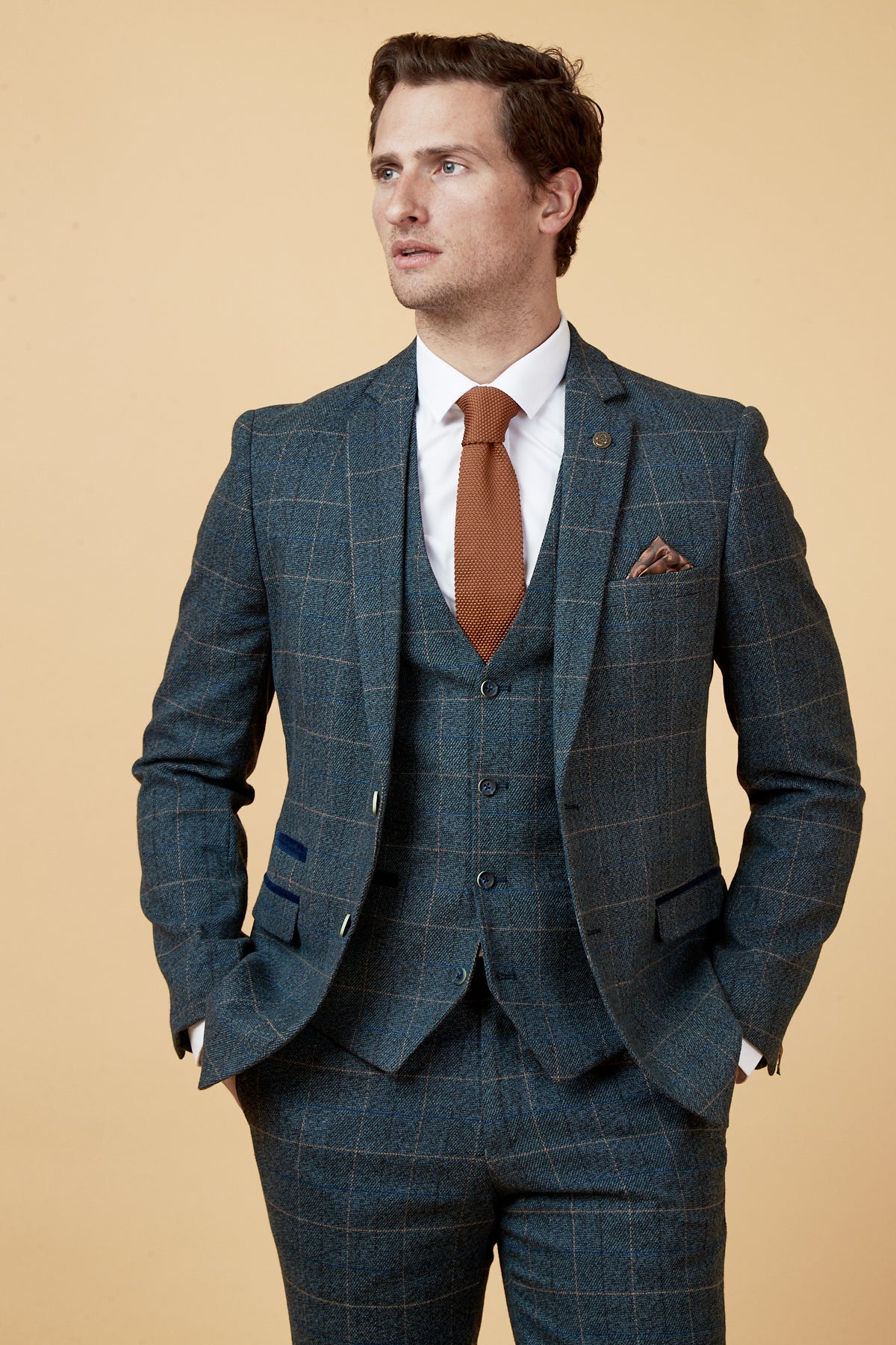 SCOTT Men's Blue Check Three Piece Suit - Formal Business Attire for Weddings, Office & Special Occasions