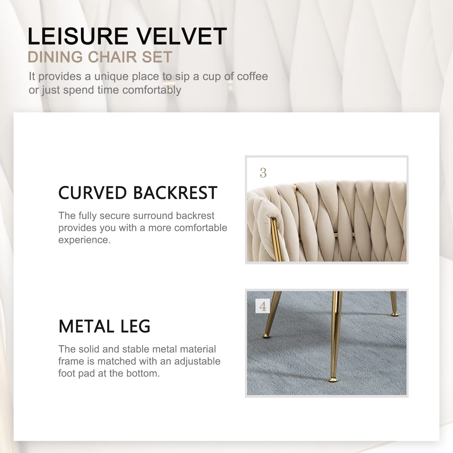 Luxury Velvet Dining Chairs Set of 2 - Modern Woven Upholstered Accent Chairs with Gold Metal Legs for Living Room, Dining Room & Kitchen - Perfect for Home Decor, Dinner Parties & Cozy Gatherings