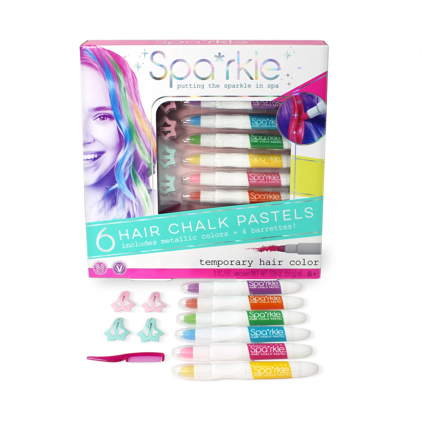 Sparkle 6 Hair Chalk Pastels with Barrettes Set - Temporary Hair Color for Kids & Teens - Perfect for Parties, Halloween, and Festivals