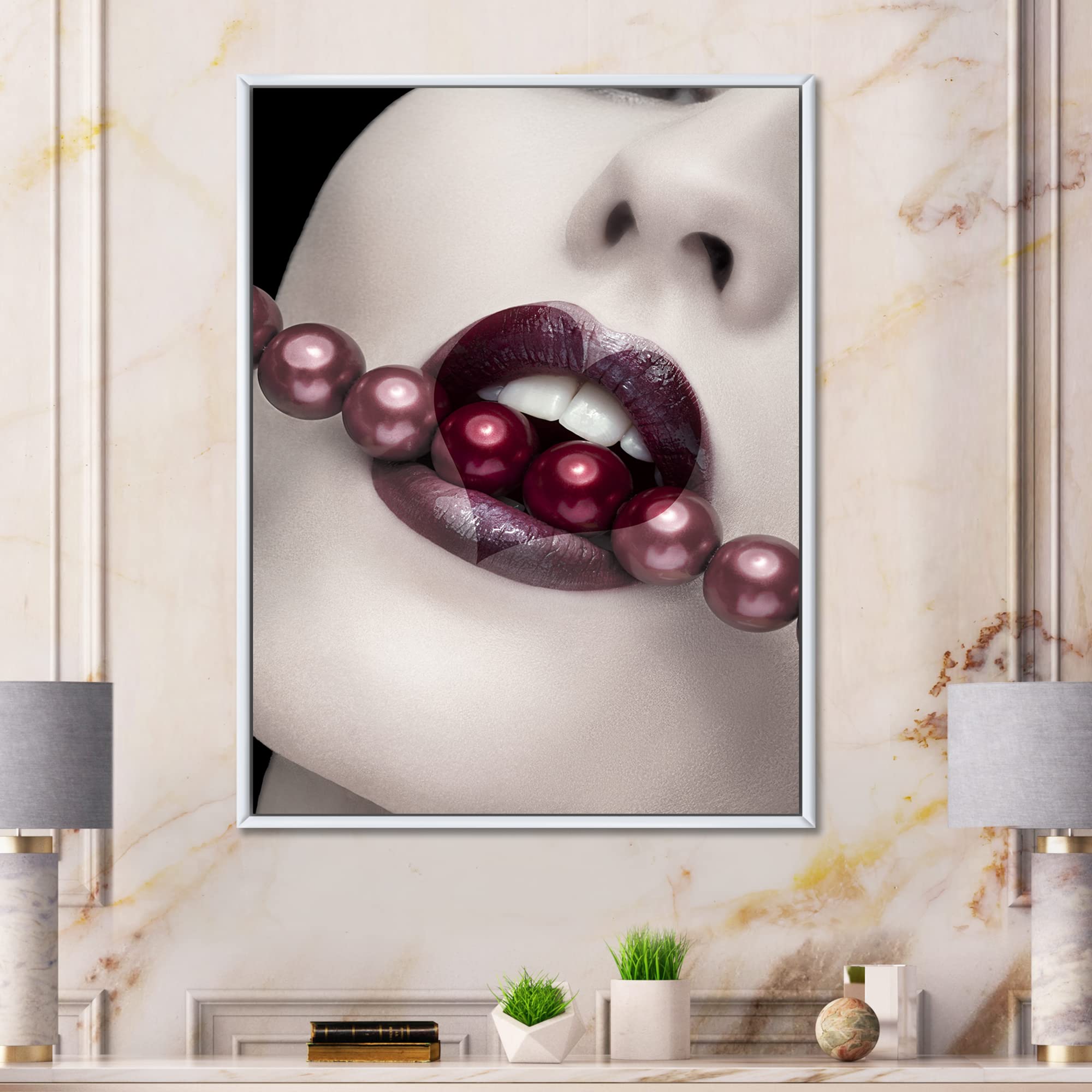 Heart Shape Lips With Pearls Through Mouth - Modern Framed Canvas Wall Art Print for Living Room, Bedroom & Office Decor