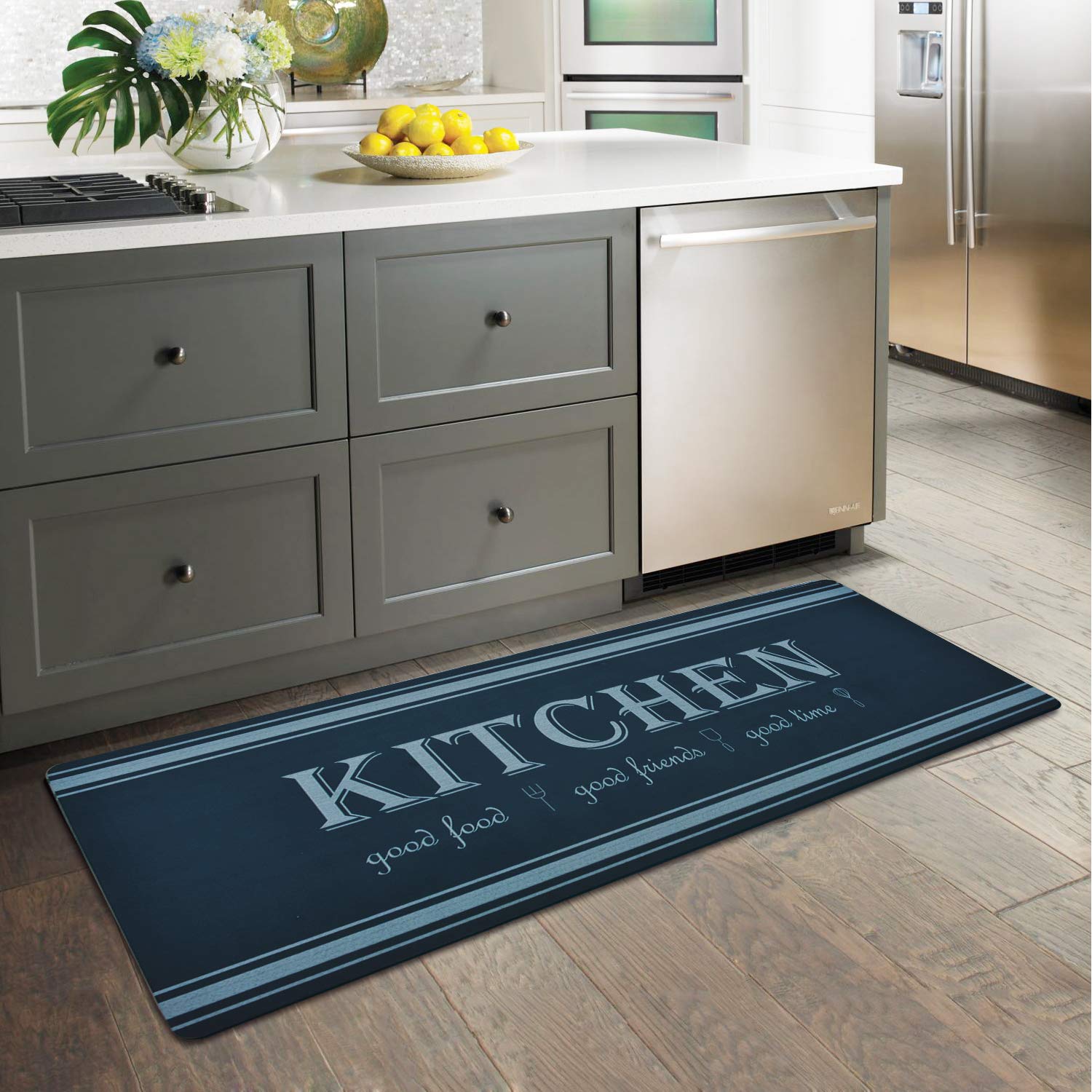 Non-Slip Waterproof Kitchen Runner Rug with Rubber Backing - 20x48 Inch Blue Farmhouse Floor Mat for Comfortable Standing in Kitchen, Dining Room & Laundry Room