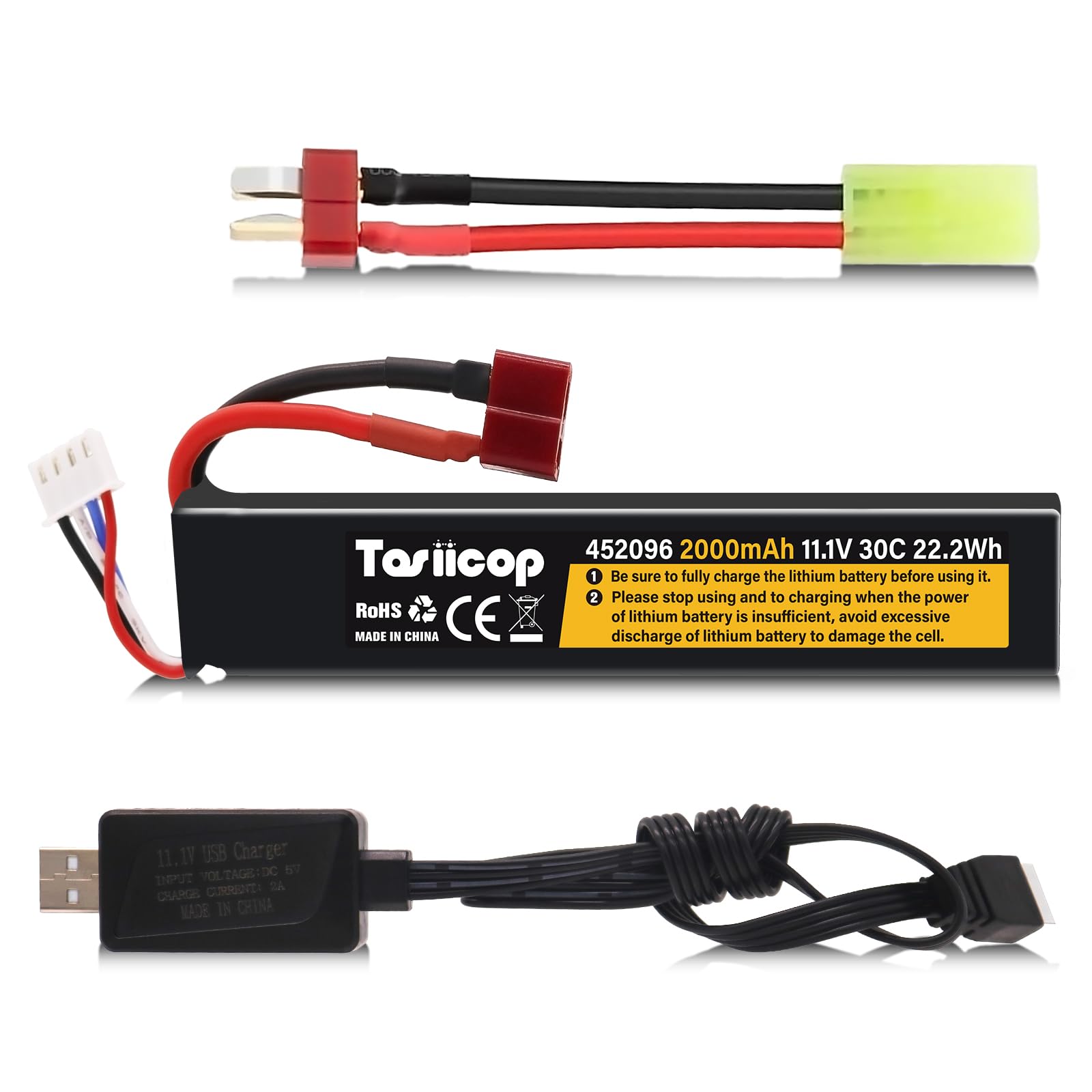 11.1V 2000mAh Lipo Airsoft Battery - 30C High Performance Rechargeable Battery with Deans & XH-4P Connector & T Plug to Mini Tamiya Adapter for Airsoft Rifles, Gel Blasters, RC Cars - Includes USB Charger for Convenient Powering