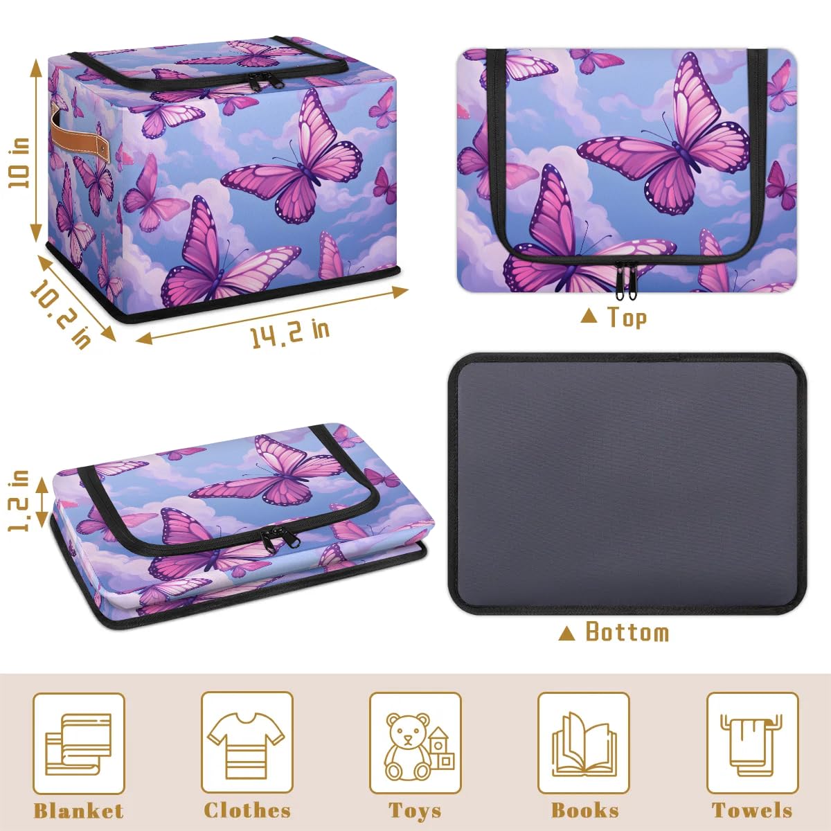Collapsible Storage Bins with Lids - Purple Butterfly Design Stackable Fabric Storage Cubes | Dustproof Closet Organizer for Clothes, Toys, Blankets | Perfect for Bedroom, Nursery & Home Organization