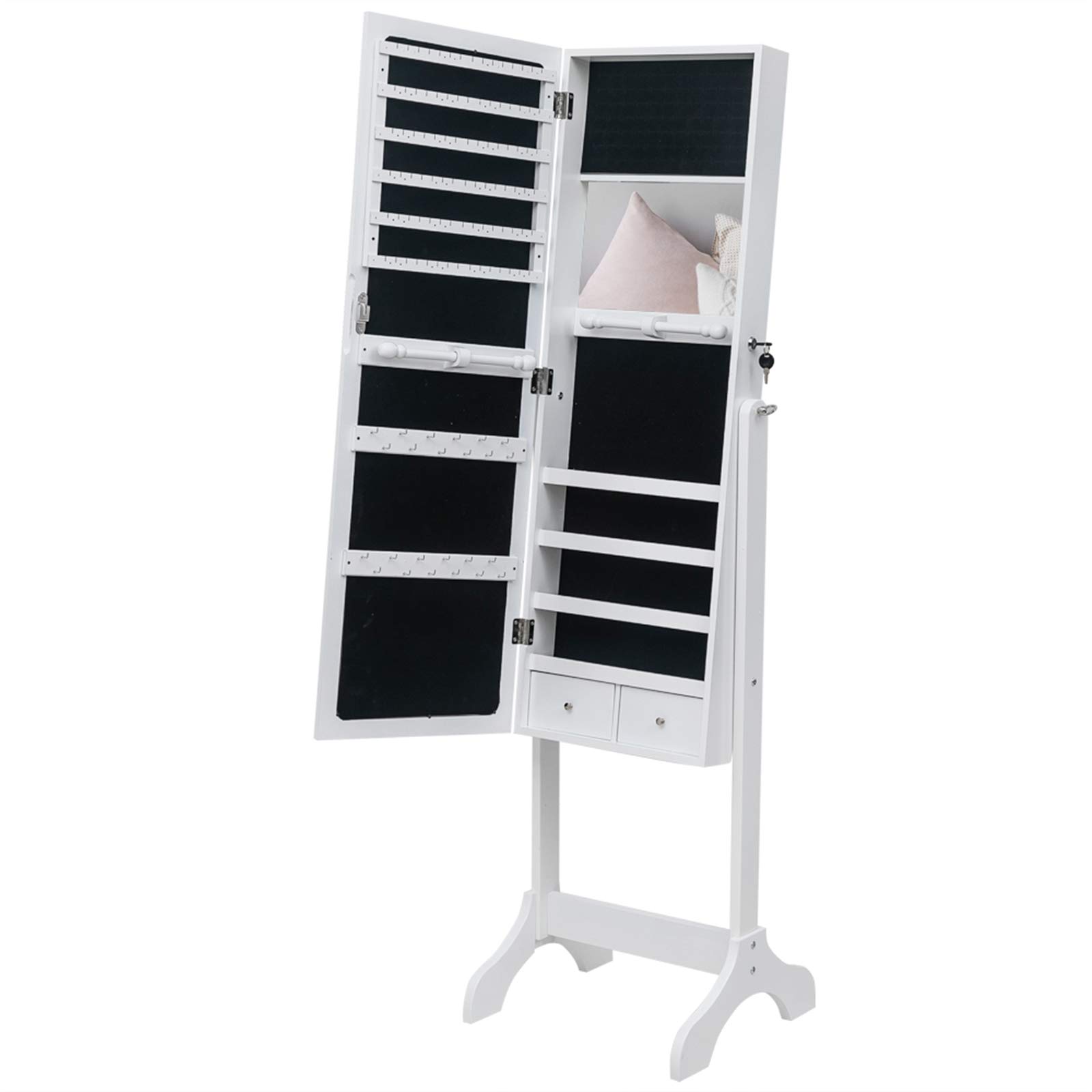 Full Length Mirror Jewelry Cabinet Armoire with Lock - Standing Jewelry Organizer Storage with Inner Mirror (White) - Perfect for Bedroom, Closet & Dressing Room Organization