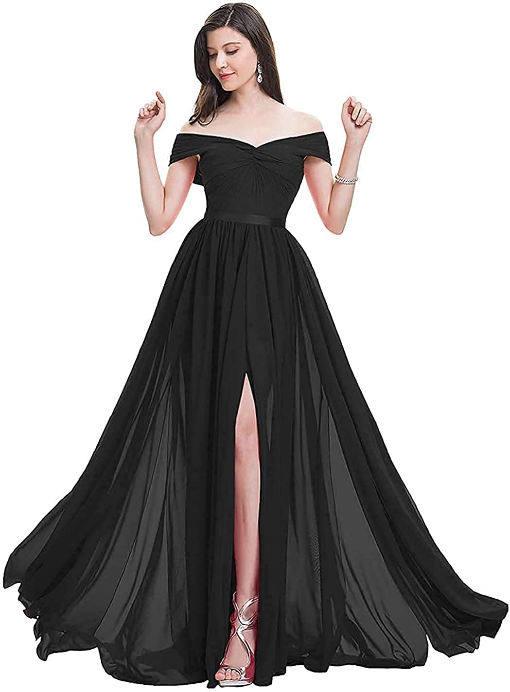 VILIYI Women's Off Shoulder Bridesmaid Dresses - A-Line Chiffon Slit Long Formal Evening Gown for Weddings, Prom & Special Occasions
