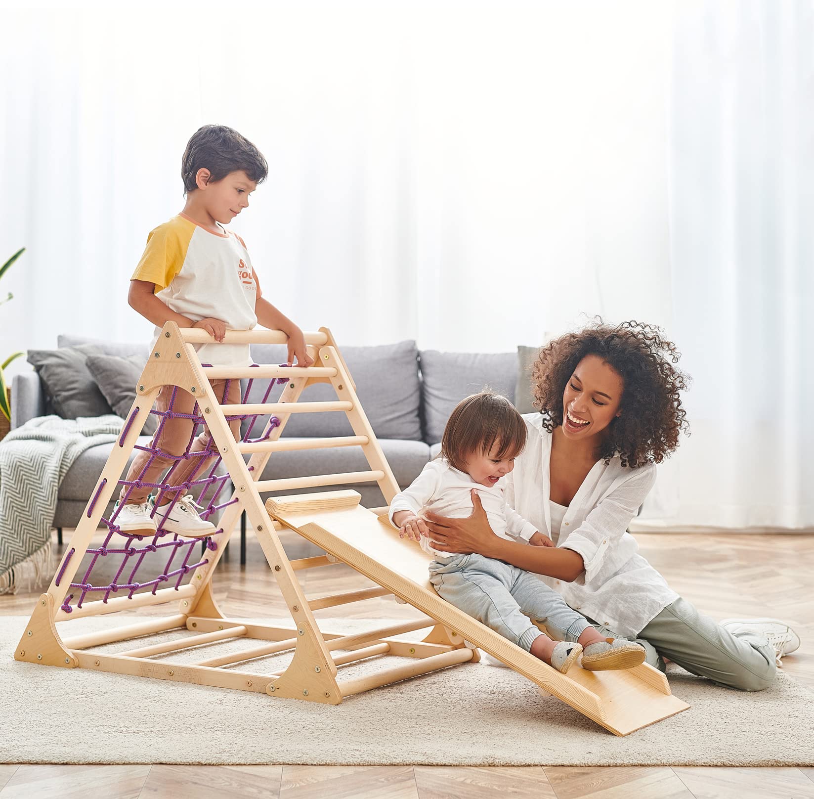 4-in-1 Wooden Climbing Set for Toddlers - Triangle Climber with Ramp & Slide - Indoor/Outdoor Baby Climbing Toys - Montessori Play Equipment for Kids Ages 1-5 - Perfect for Home Playrooms, Daycares & Backyard Adventures