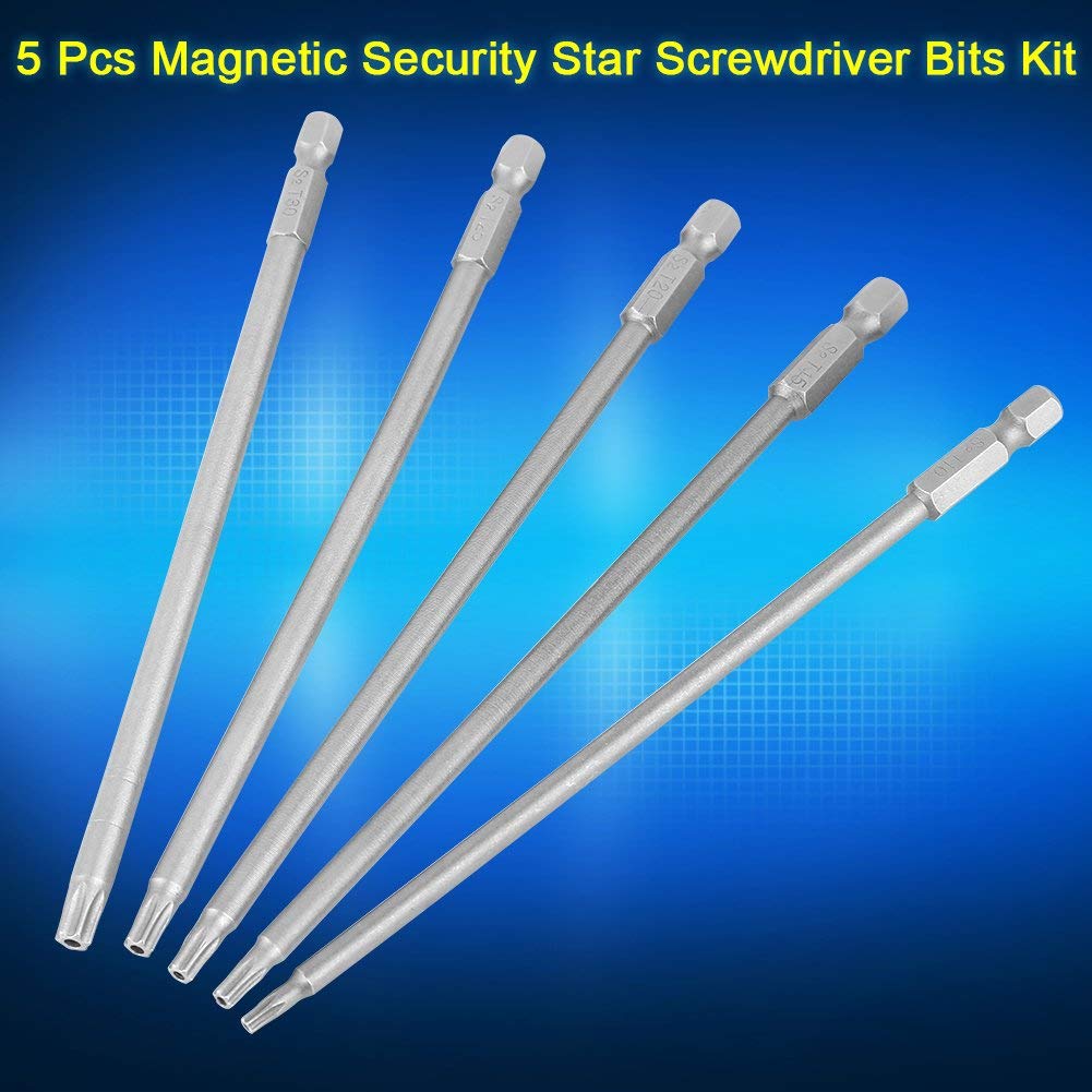 5Pcs T10-T30 Magnetic Star Torx Screwdriver Bits Set - 150mm Long 1/4